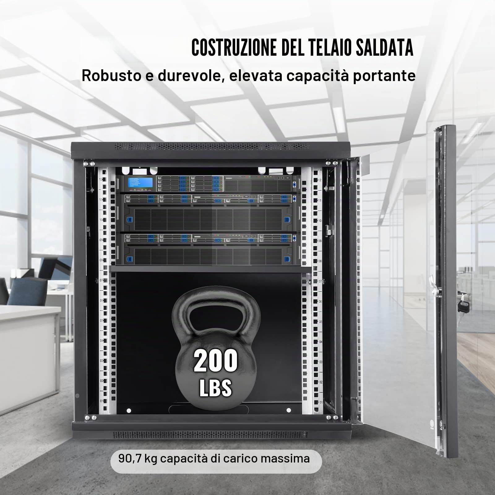 VEVOR Armadio per server di rete con montaggio a parete 12U, profondità 15,5", armadio per server rack, portata massima 200 libbre. Capacità di carico con montaggio a terra