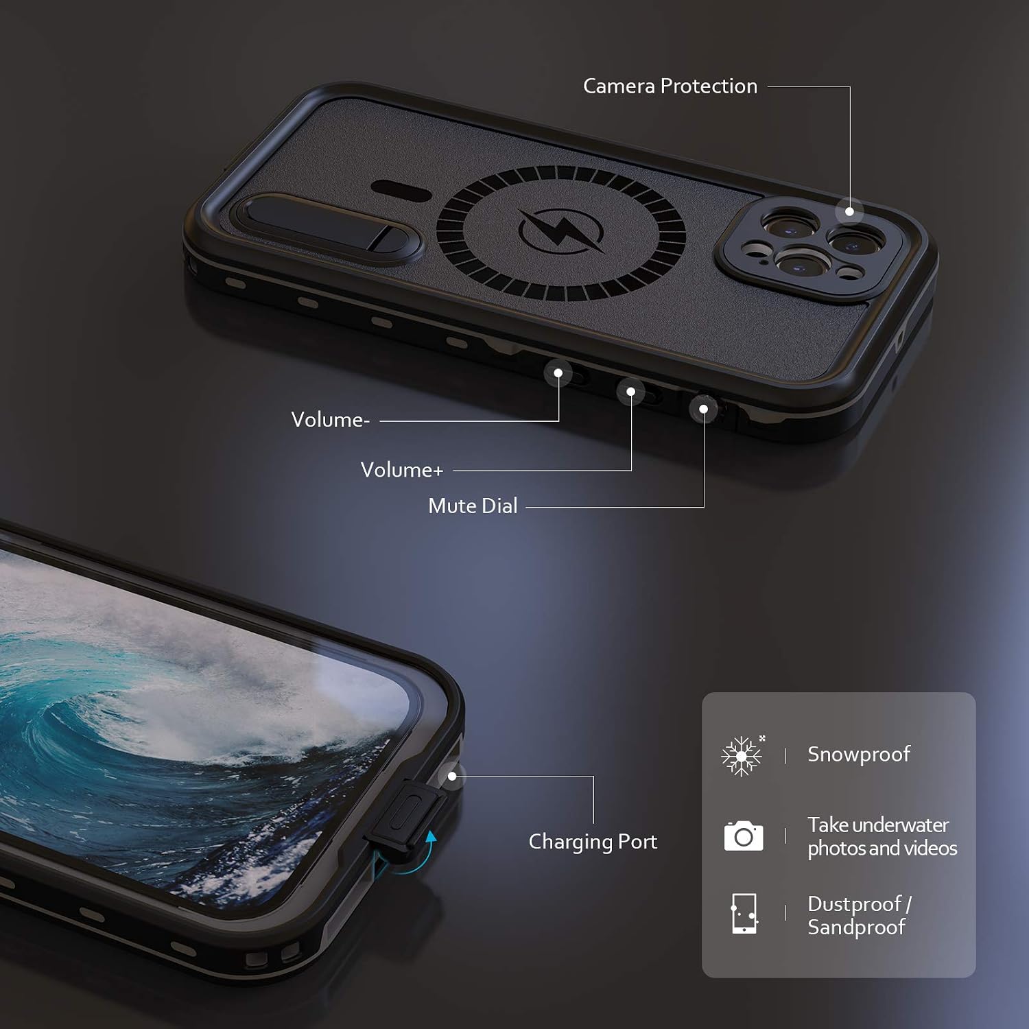 iPhone 12 Pro Waterproof Case 6.1 inch, Fansteck Built-in Magnet for Magsafe Charger & Portable Kickstand, IP68 Full Body Waterproof Shockproof Dustproof Snowproof Case for iPhone 12 Pro(Black)