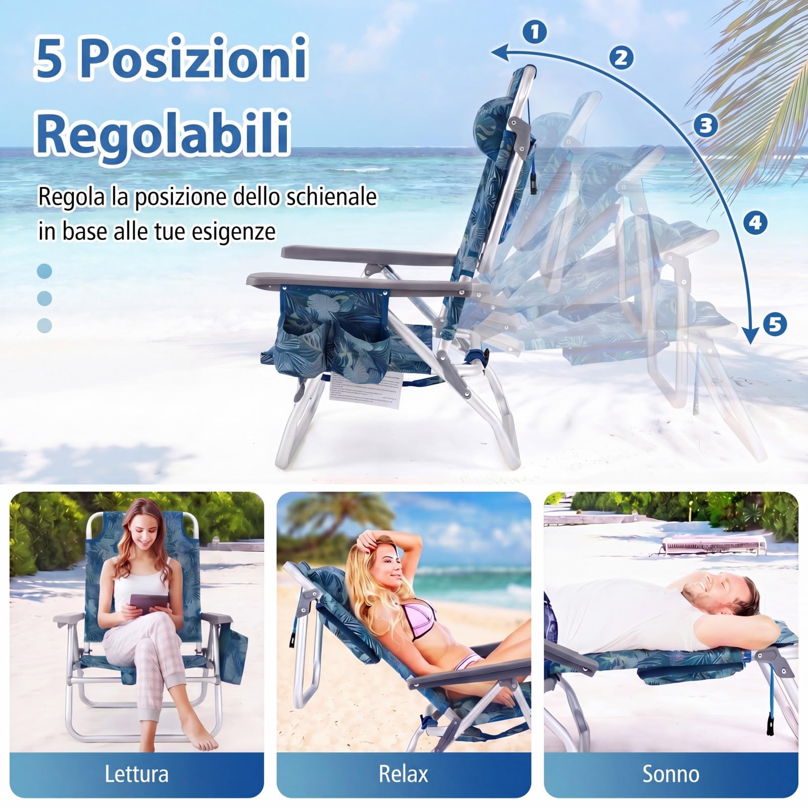 COSTWAY Set Sedia da Spiaggia, con Tavolino Pieghevole, Schienale Regolabile a 5 Livelli, Poltrona da Spiaggia con Cuscino per Testa, Sedia da Campeggio, Portata 136 kg (Blu Scuro, Modello 2)