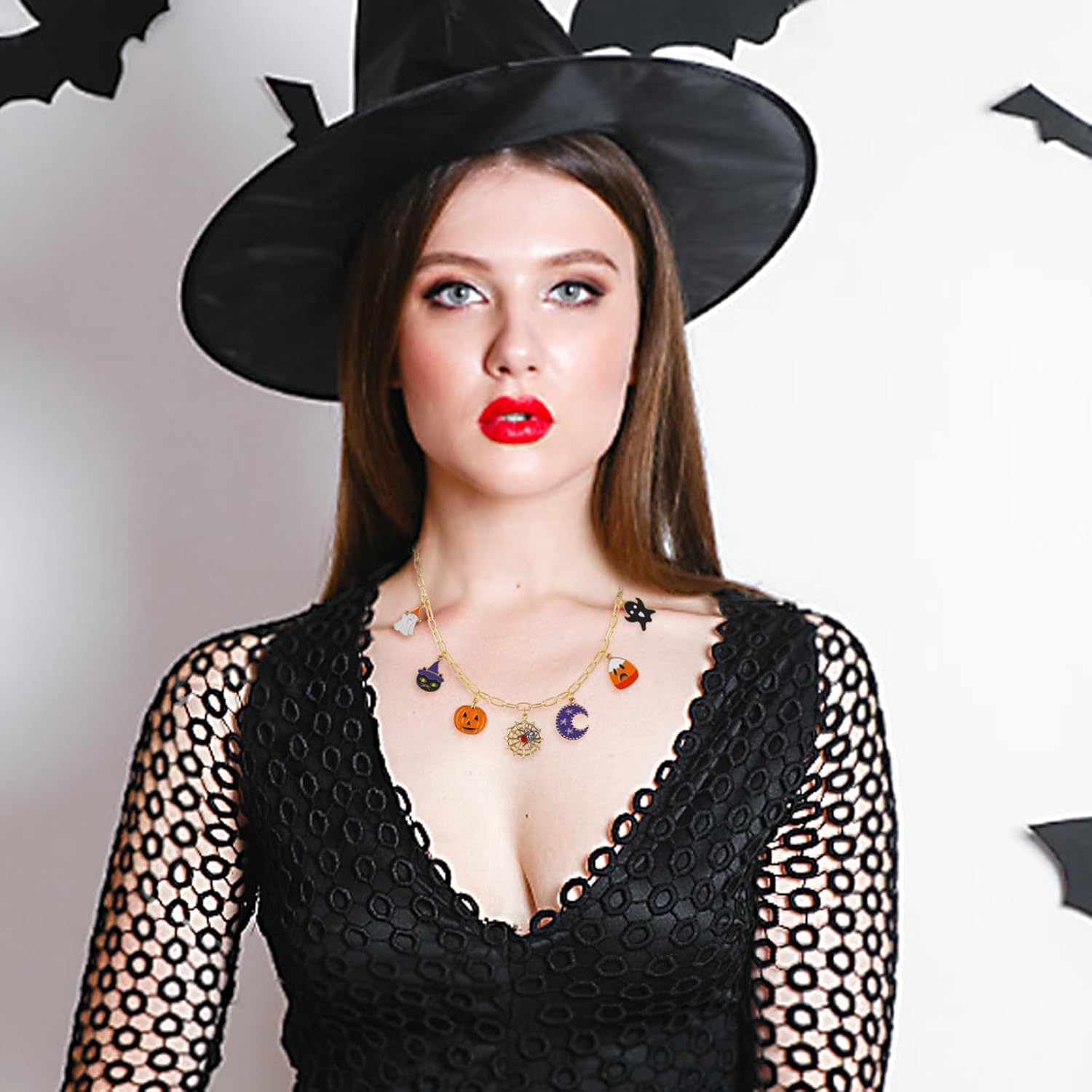 Halloween Charm Necklace for Women, Ghost Witch Hat Black Cat Pumpkin Spider Web Moon Candy Charms Chokers Necklace, Party Long Paper Clip Chain Necklaces Halloween Costume Party Jewelry Set Gifts - Image 3