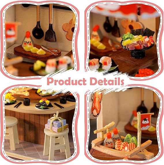 DIY Miniature House Kit, Mini Dollhouses, 3D Wooden Kit with LED and Dust Cover, Handmade Crafts for Children Teens Adults Friends Birthday Home Decor(Revolving Food)