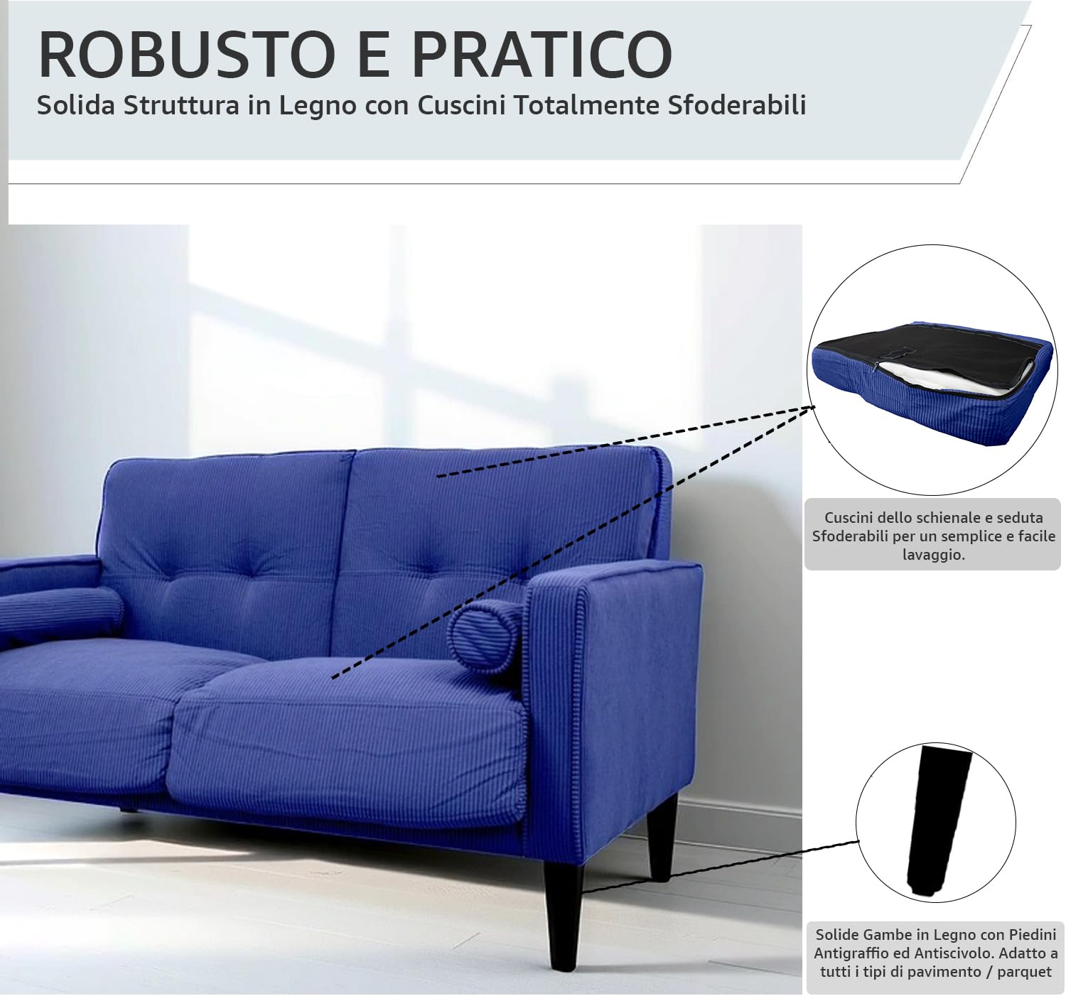 GARDENIA Divano fisso rivestimento in Vellutino e imbottitura in Poliestere, con Gambe in Legno e Cuscini Sfoderabili JoY, Blu, 130x75xH73 CM