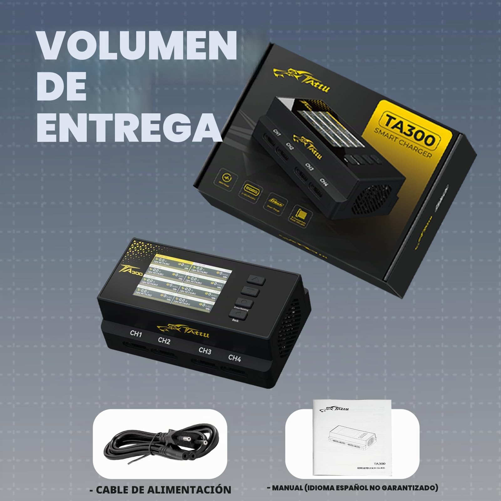 TATTU TA300 Cargador LiPo 8 Canales AC/Type-C 60W, Cargador Inteligente para Drone Soccer (Baterías 2S 3S 4S LiHV), Salida Independiente 8x30W, MAX 2A con Modo Almacenamiento