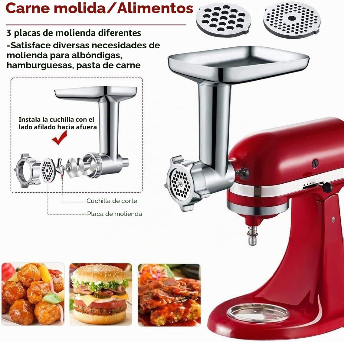GVODE Accesorio picadora de carne para Kitchenaid robot de cocina, incluye 3 cuernos para rellenar salchichas,Accesorios picadora de carne para KitchenAid