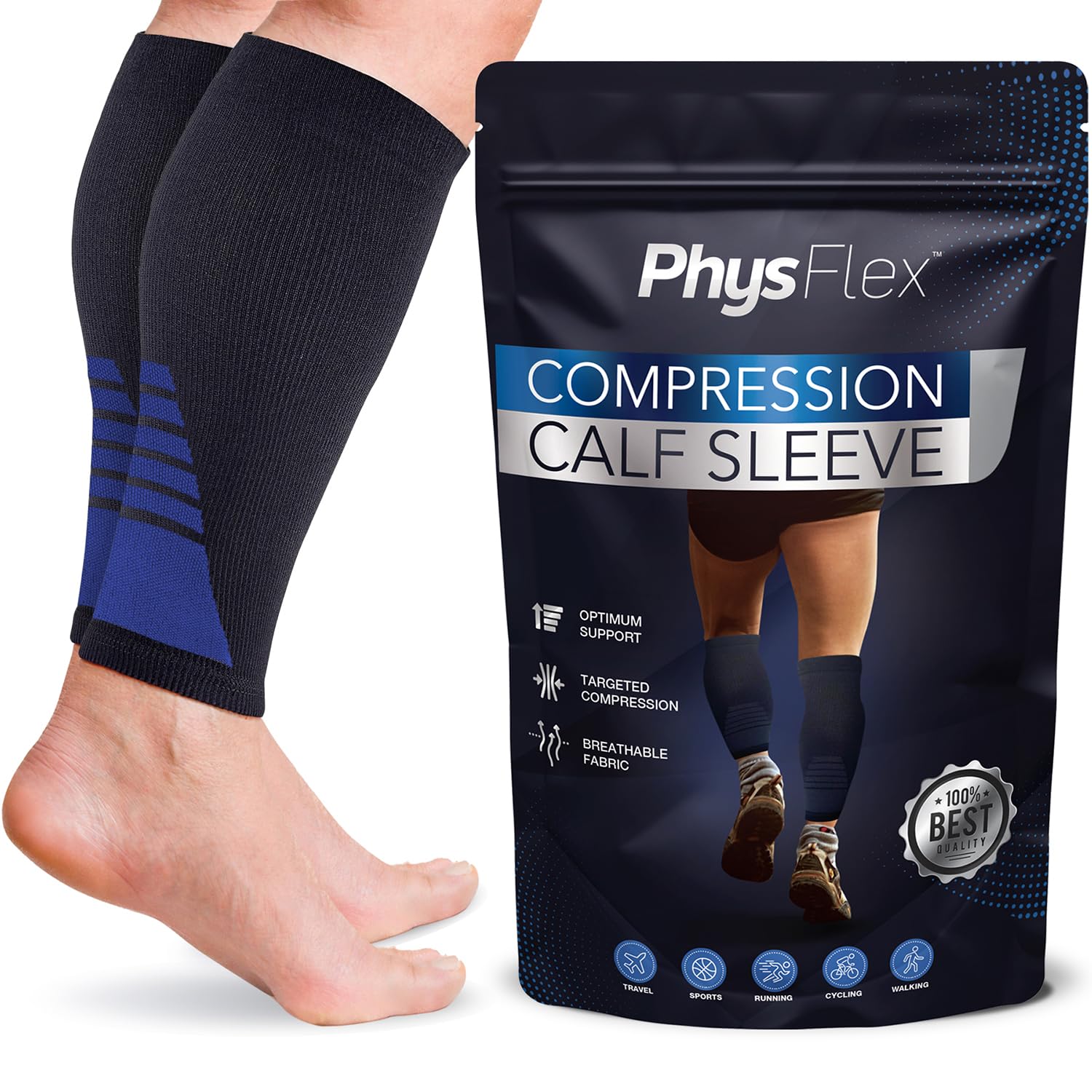 Calf Compression Sleeves for Men and Women - (1 Pair) Footless Compression Socks Support for Varicose Vein, Nursing, Pregnancy, Running - PhysFlex Leg Sleeve Brace for Shin Splints, Pain Relief and