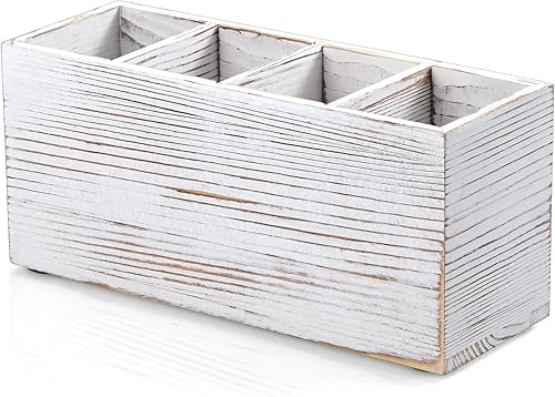 Soporte para lápices para escritorio, organizador de escritorio de oficina de madera lavada blanca y accesorios con 4 ranuras para encimera,