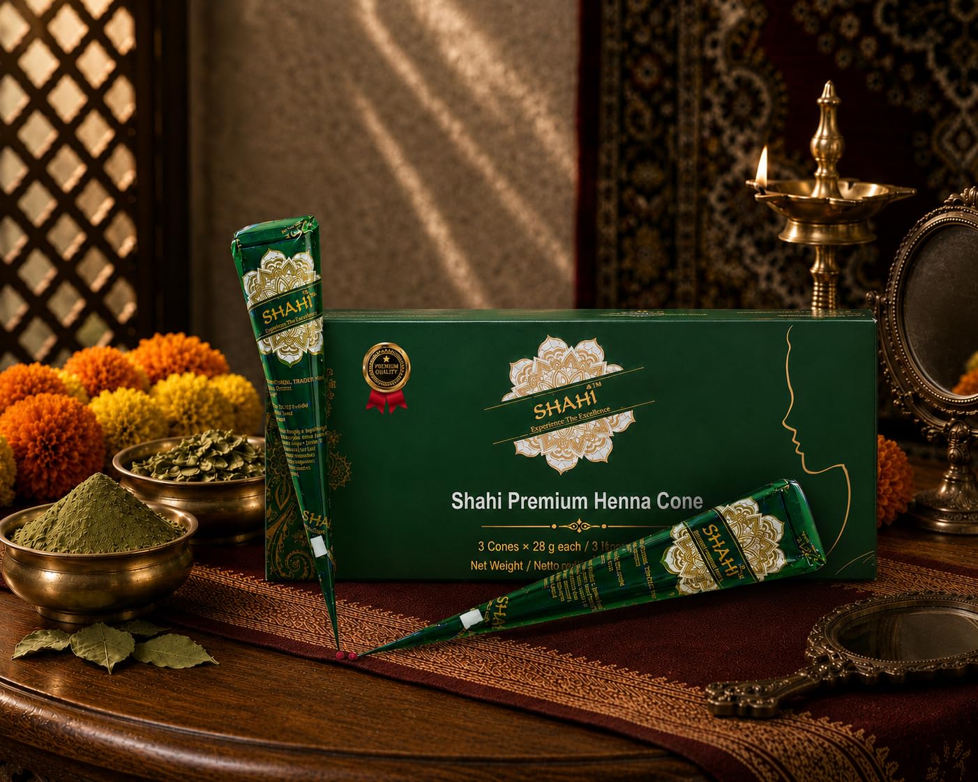 Shahi Premium Henna Cone (Mehndi) | Natürliche Mehndi-Paste | 3 gebrauchsfertige Henna-Kegel | Rötlich-braune Farbe | Je 28 g