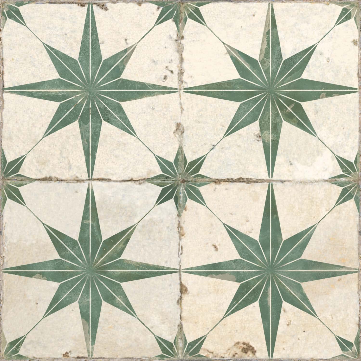 Tori Patterned Wall & Floor Tile Green Sage Star Pattern Vintage Style Ceramic Tile – 450x450mm, Box of 5