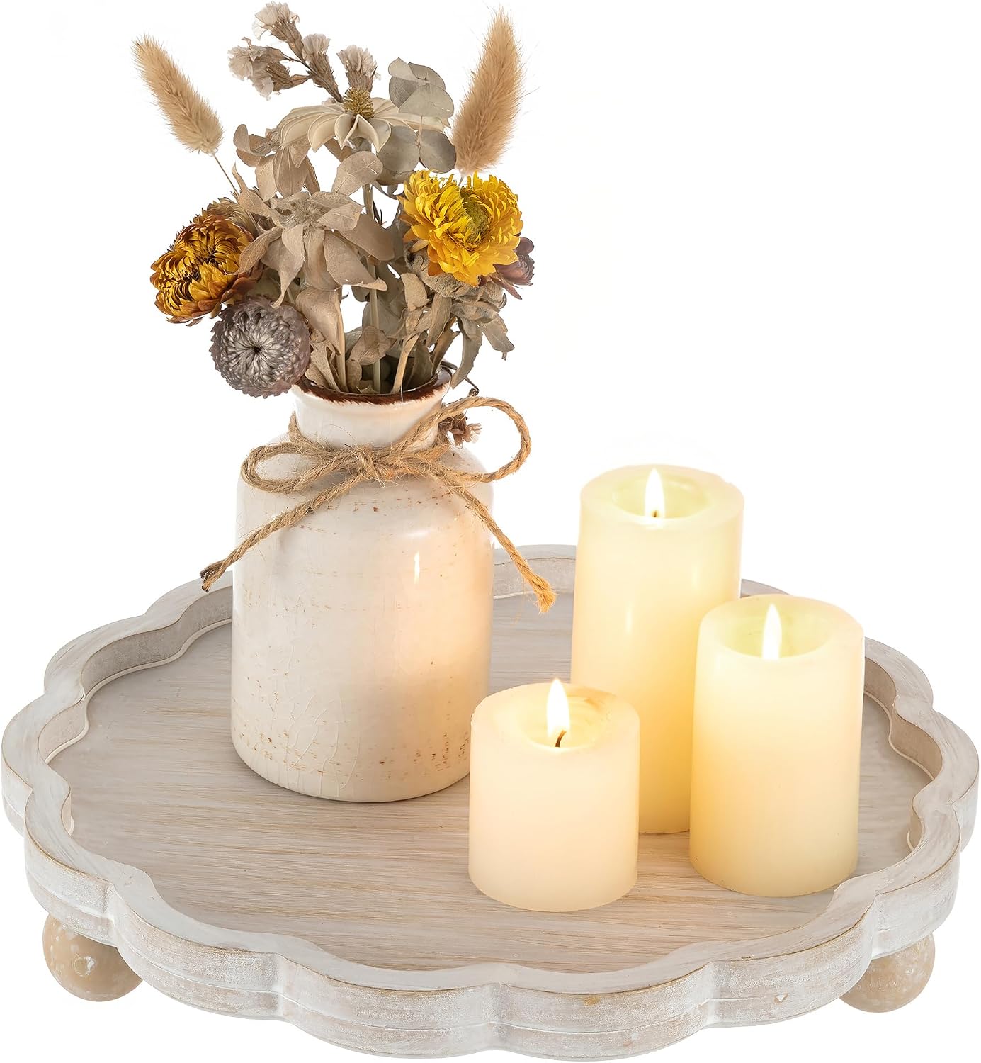 Hanobe Wood Decorative Tray for Home Decor, Round Candle Holder Plate 11.6"