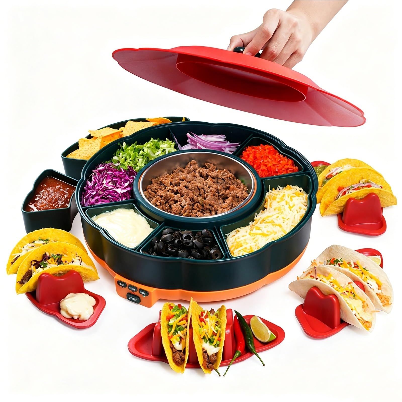Mothdust Juego Servicio Barra Tacos Caliente Plato Giratorio Calentador Comida con Bandeja Extraible Salsa Ideal para Fiesta Mexicana Cena Reunión Familiar Noche Recuerdos Picoteo Catering Mesa