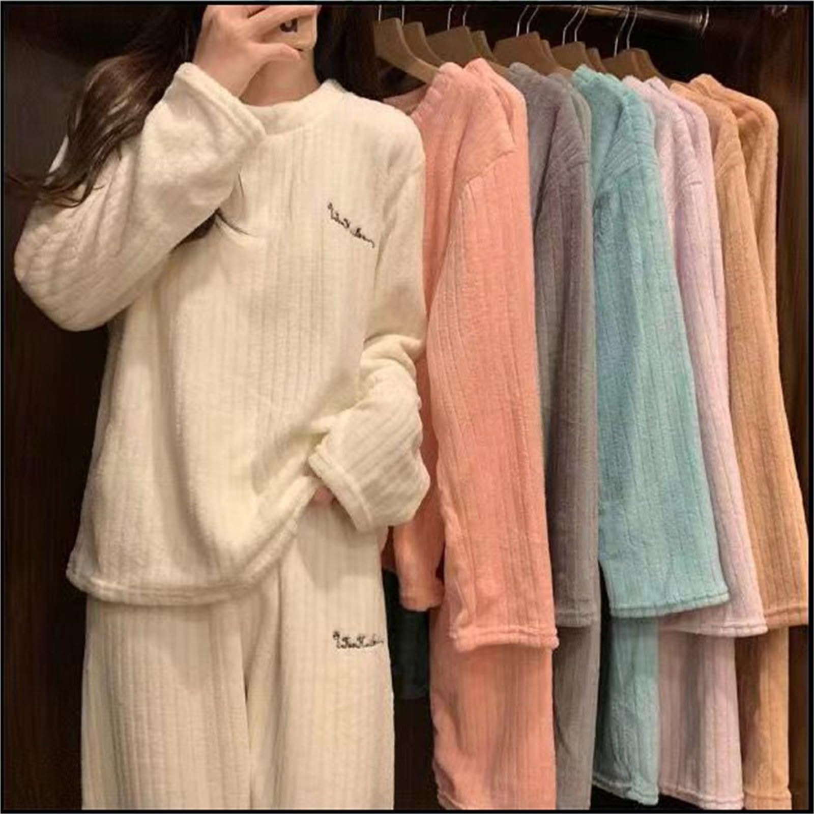 Winter Women’s Pajamas Homewear Set, Coral Velvet Leisure Pajamas, Padded Warm Fall & Winter Sleepwear(Grey)