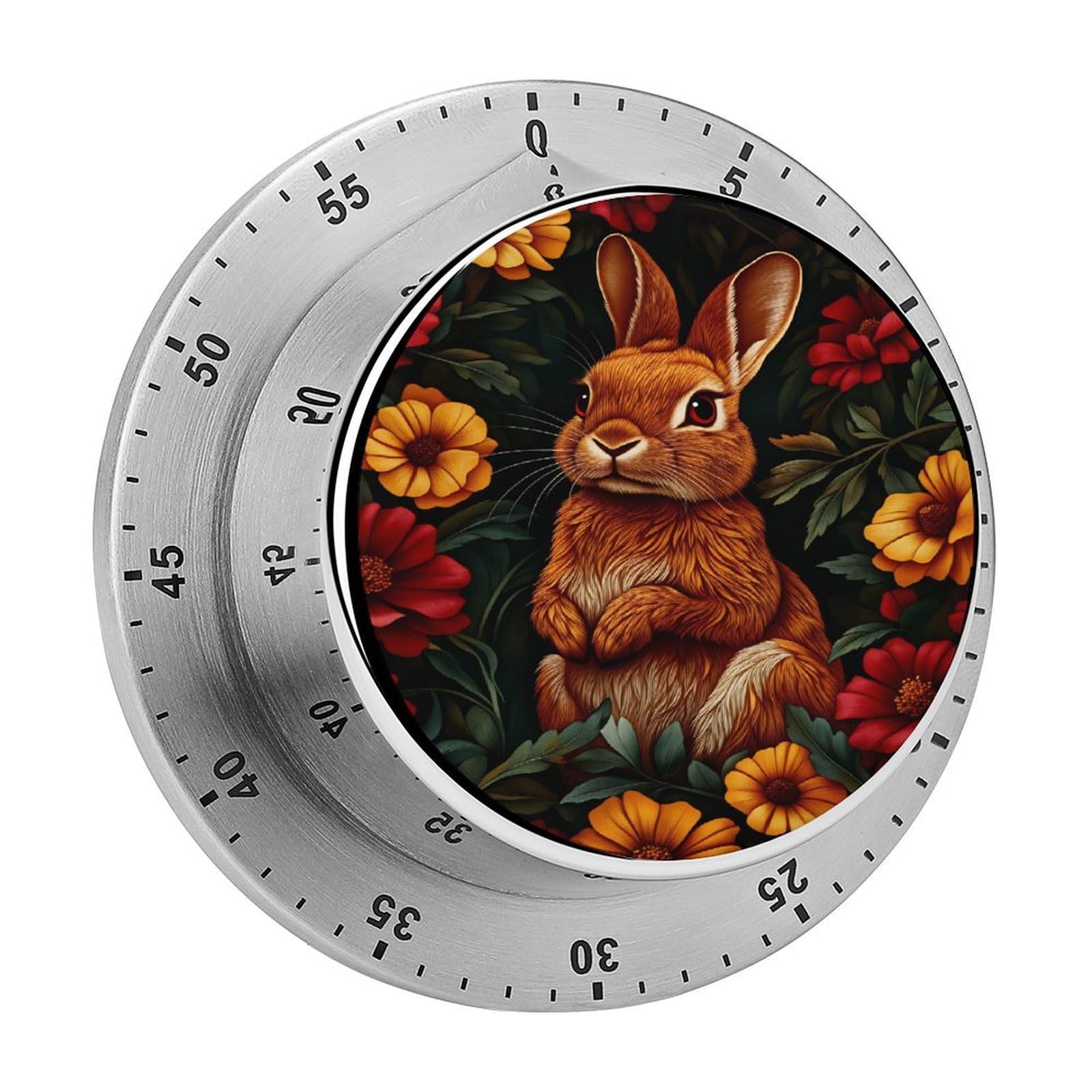 Red Rabbit Autumn Flowers 60 Minute Wind Up Timer,Visual Mechanical Magnetic Timer with Loud Alarm for Kitchen