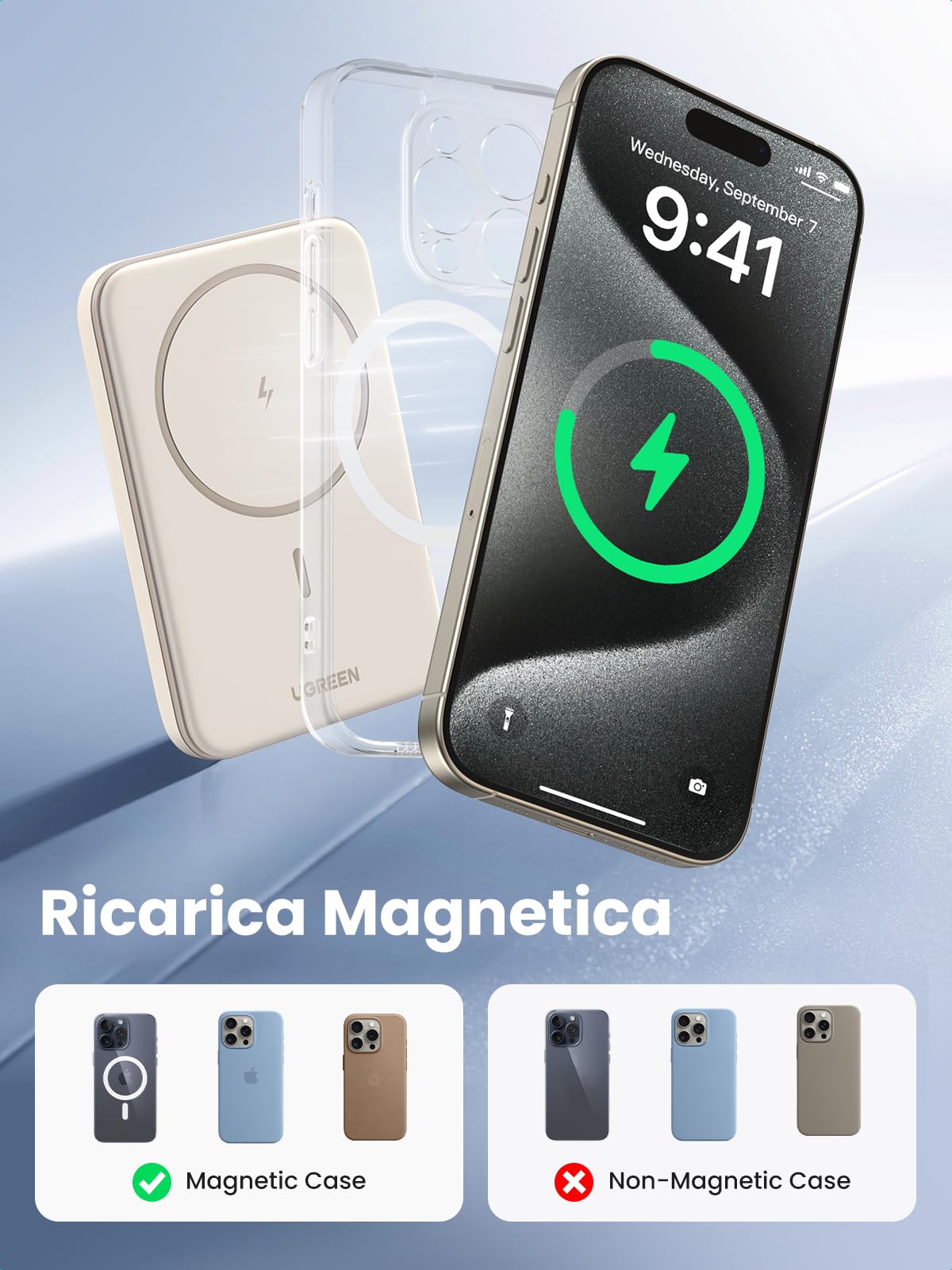UGREEN Nexode Power Bank Magnetico 5000mAh, Caricatore Portatile PD 15W con Cavo USB C, Batteria Esterna Wireless Compatibile con iPhone 16/15/14/13/12/Mini Plus Pro Max(Beige)