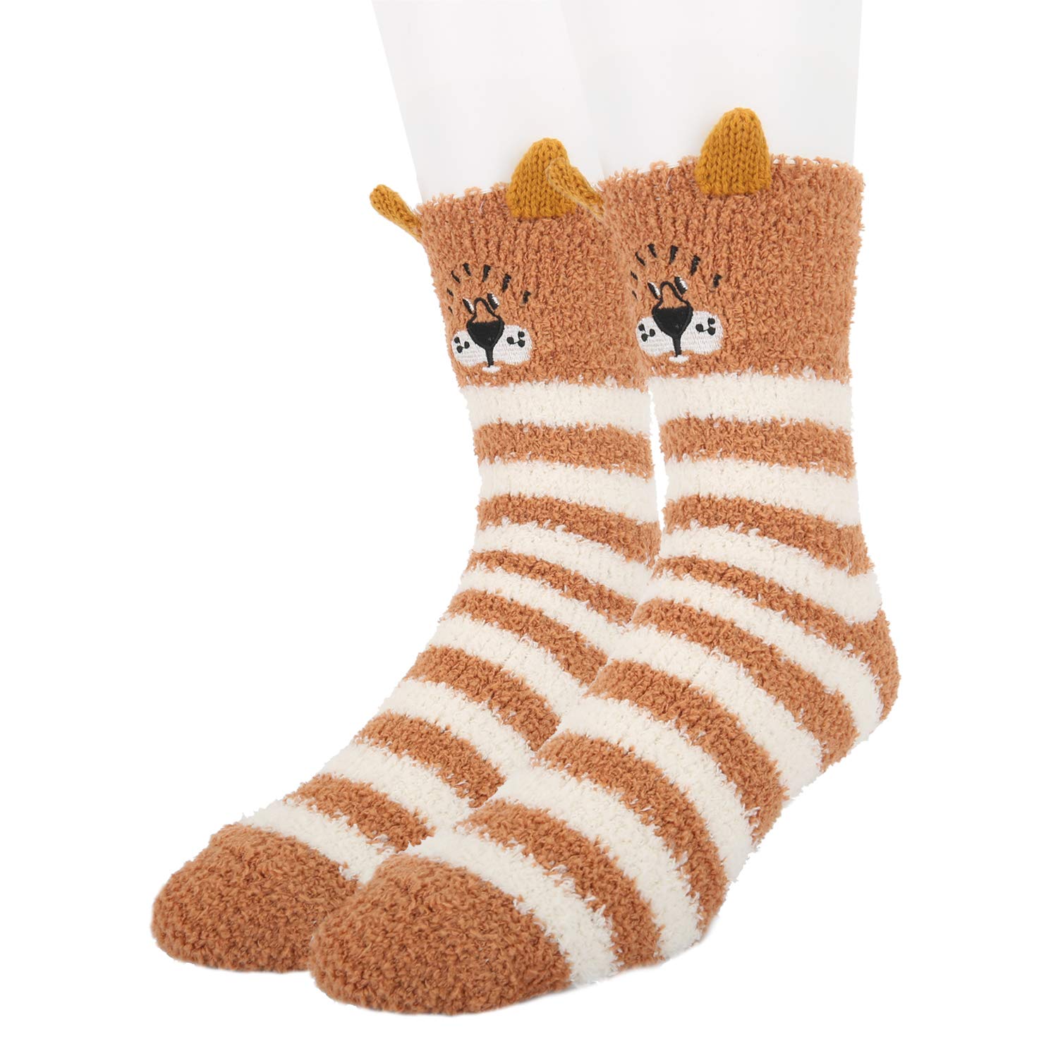 Benefeet Sox Mens Fun Fuzzy Slipper Socks Funny Fluffy Cartoon Animal Soft Socks Plush Coral Fleece Cozy Sleeping Sock, Striped Tiger, One Size