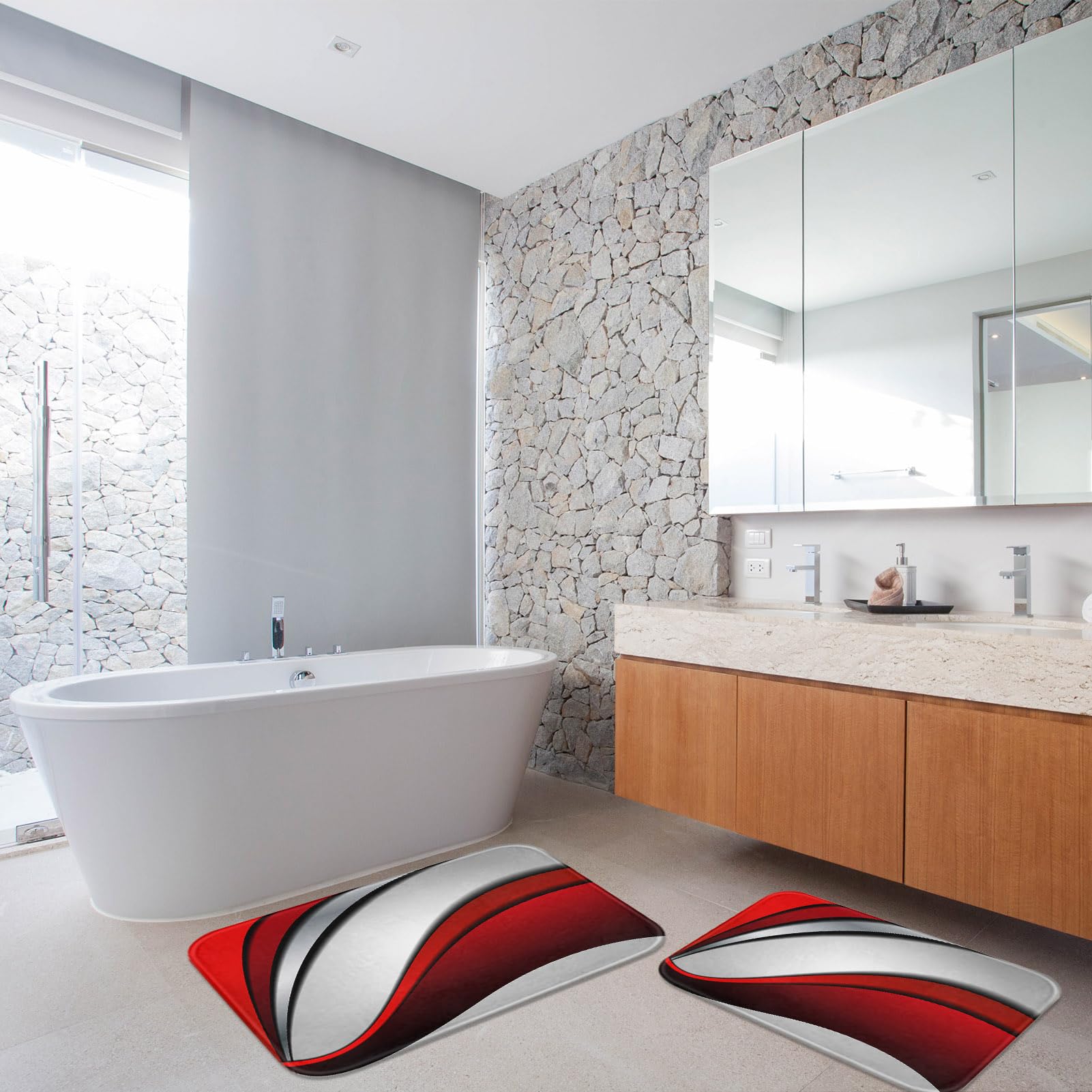 Britimes Lot de 2 tapis de salle de bain modernes - Motif abstrait - Rouge et gris - Lavable - Tapis de sol - Décoration de salle de bain - 40,6 x 61 cm et 50,8 x 81,3 cm