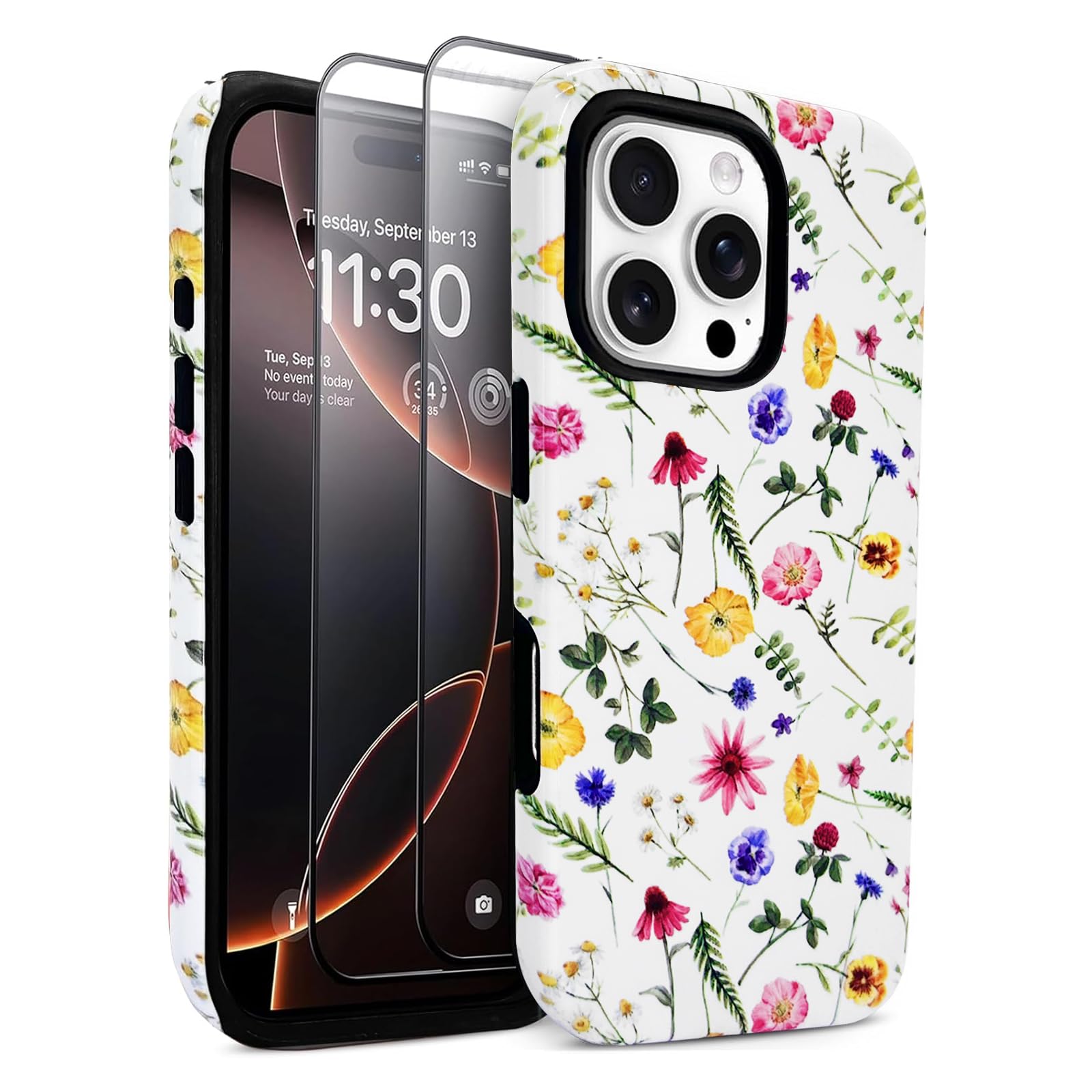 J.west Compatible with iPhone 16 Pro Max Case 6.9 inch with 2 Pack Tempered Glass Screen Protectors Cute Floral Flowers Hybrid Cover for Girls Women