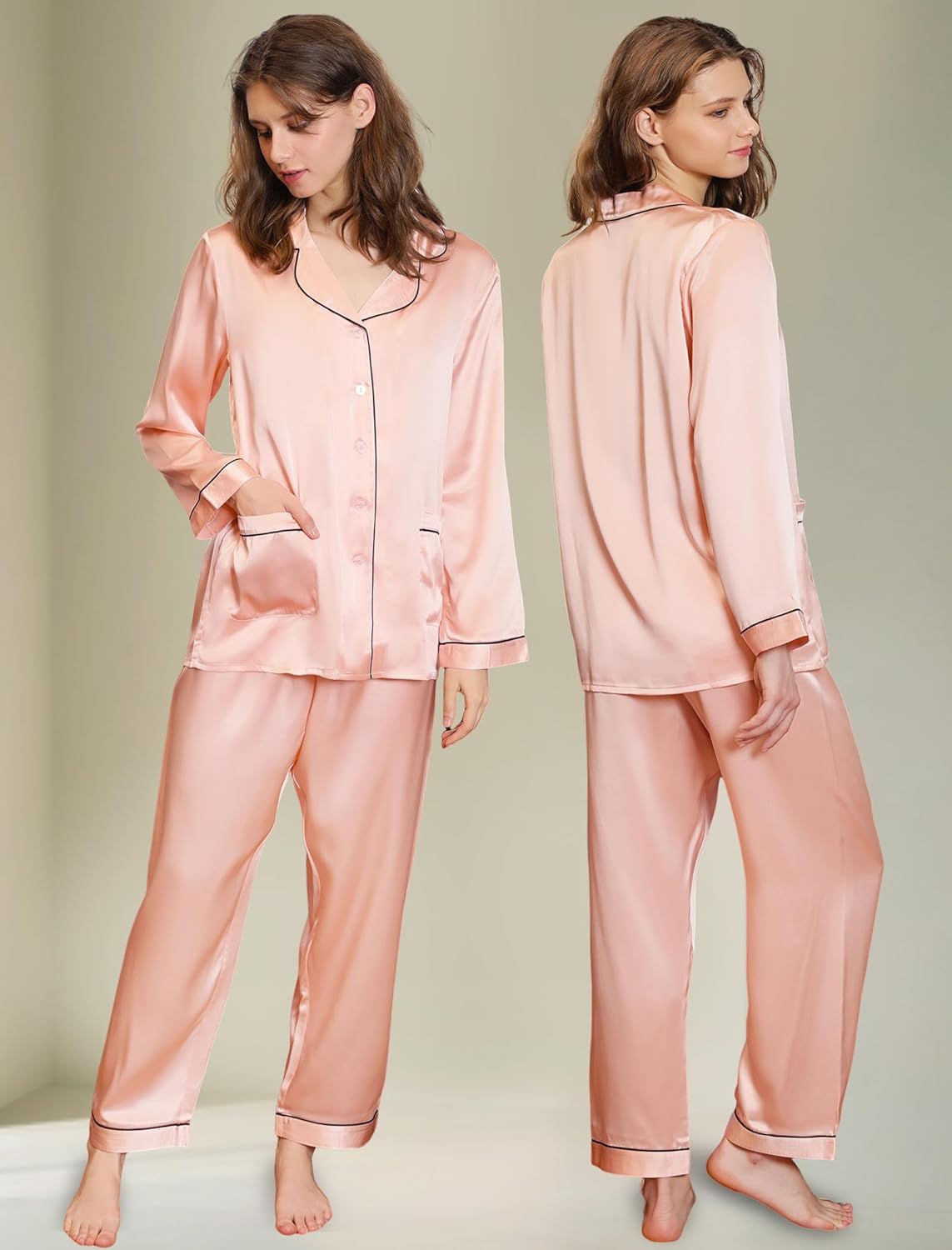 COLD POSH Womens 22 Momme 100% Mulberry Silk Pajamas Set Full Length Luxury Loungewear Sets for Valentines Pjs - Image 2