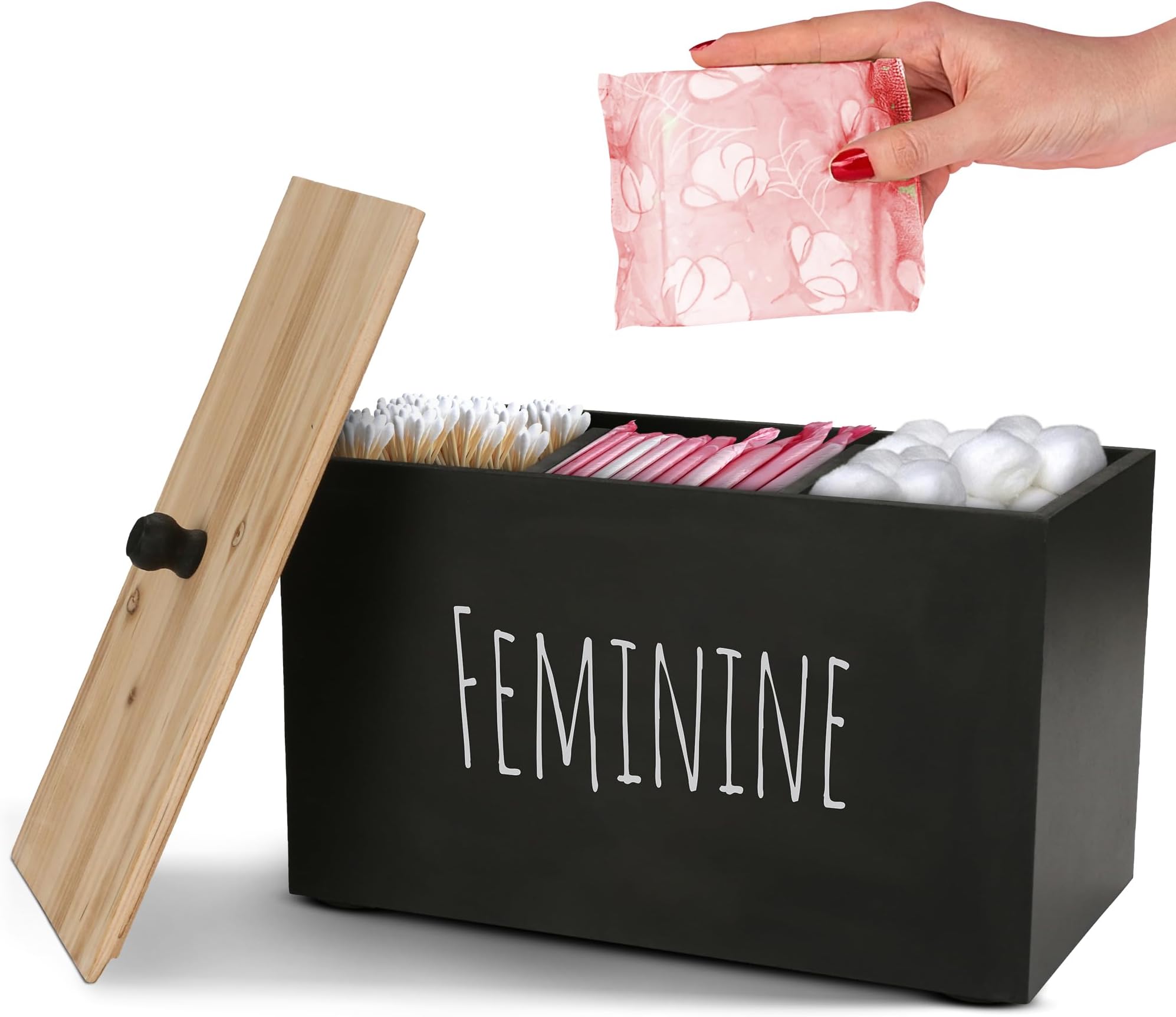 Tampon Holder Storage for bathroom, Feminine Wood Container Box, Women Product Organizer, Farmhouse Décor, Pad Storage Container Box, Rustic Accessories (black)