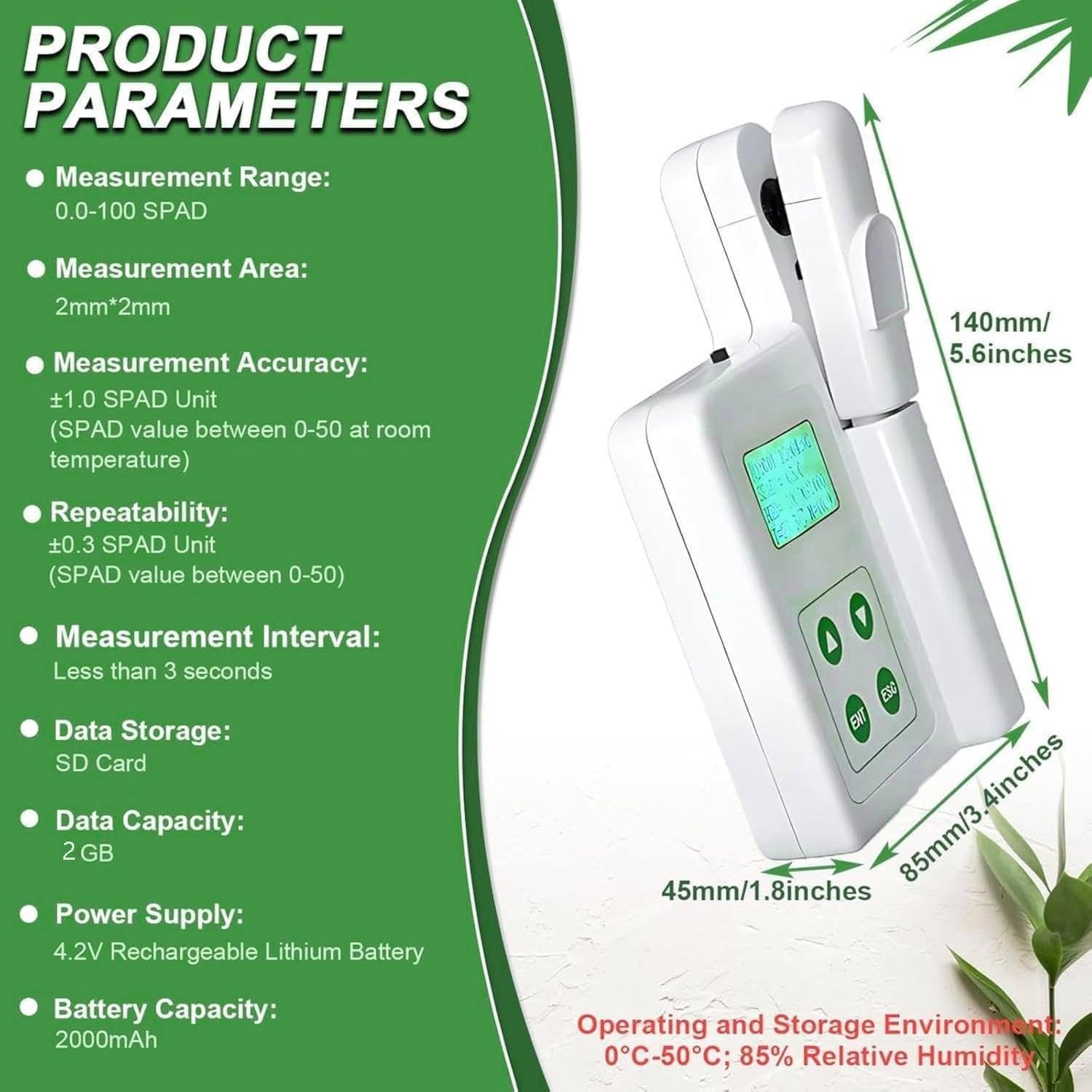 Medidor de clorofila portátil con análisis de SPAD y nitrógeno, probador de mano con exportación de datos USB, 2000 mAh, para agricultores, jardineros, científicos