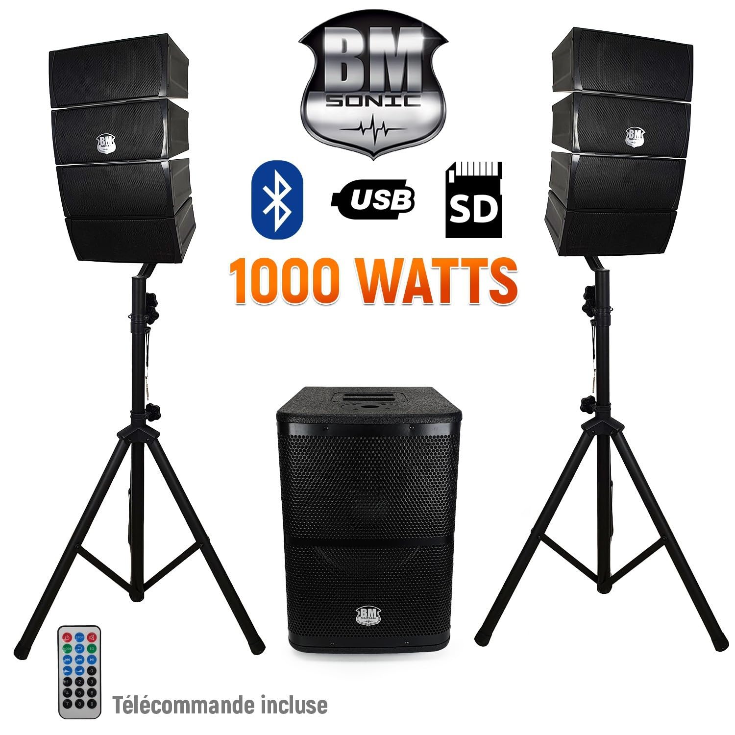 Pack DJ Pure Array 1000 - Enceintes Satellites + Caisson + Pieds - 1000W USB/SD/BT