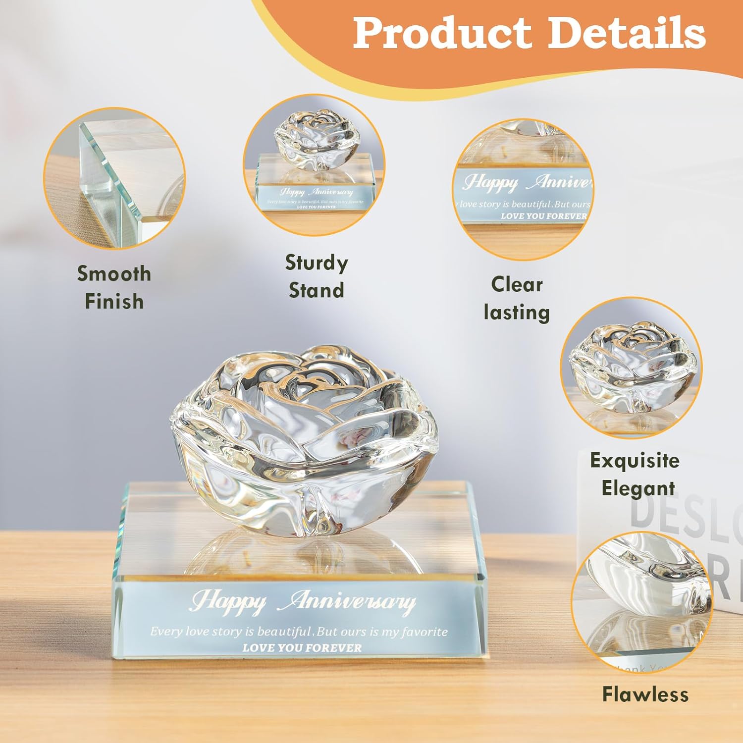 Gift for Women, Eternal Crystal Rose Flower Figurine Ornament Wedding Anniversary Love Gift for Love One, Happy Anniversary Day Gifts Ideas for Wife Girlfriend Couple Her