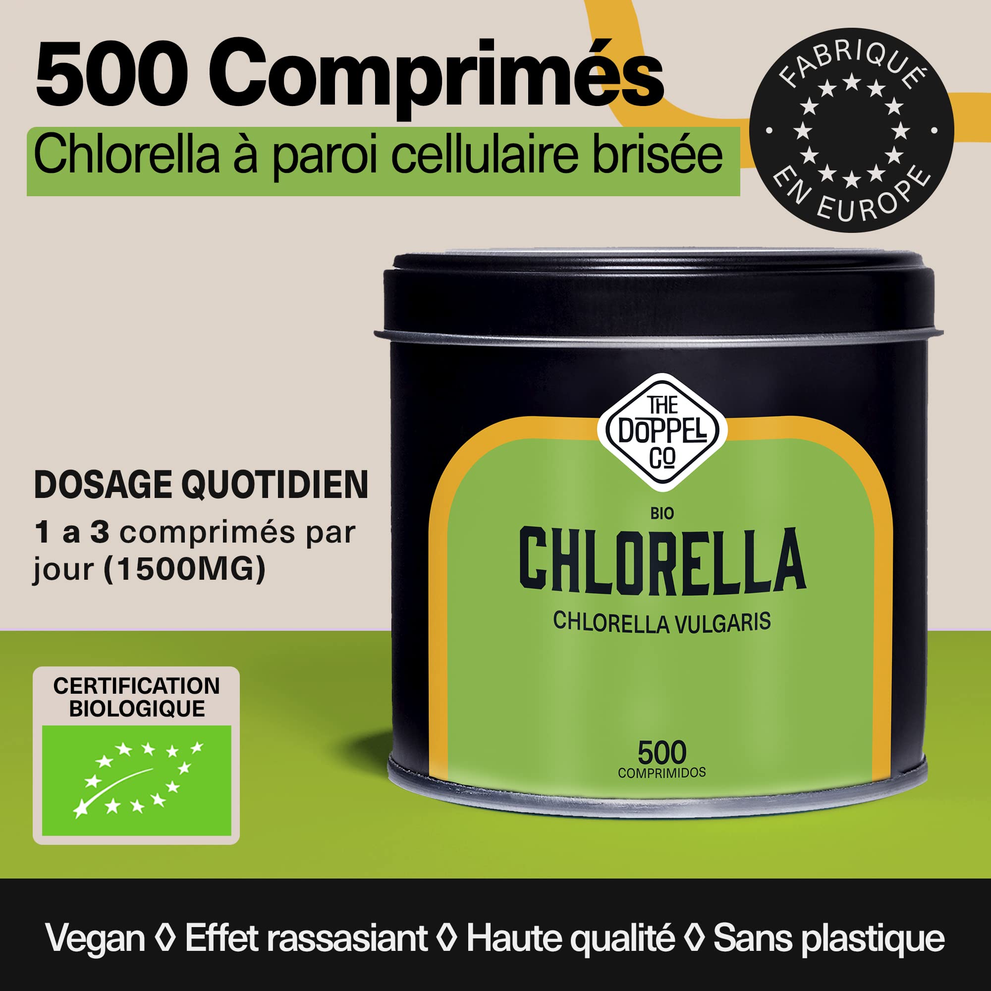 Chlorelle Bio - 500 COMPRIMÉS - 1500 mg par dose - Paroi Cellulaire Brisée - Coupe-faim et Soulage l'Anxiété - Effet Satiétant - Détox - Protéine Vegan Écologique - Sans Plastique