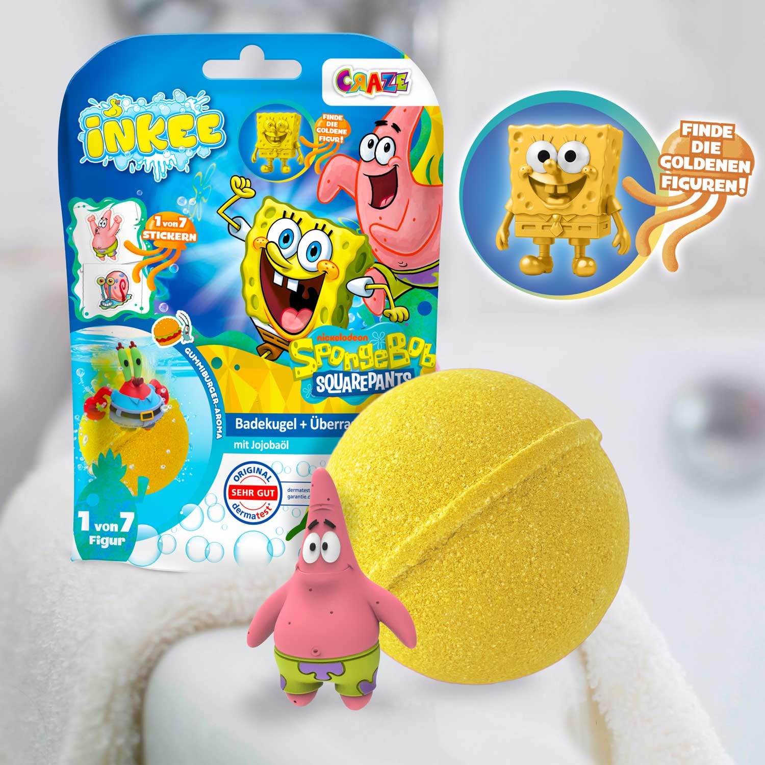 INKEE SpongeBob Bomba da Bagno con Sorpresa - Palla Bagno Bambini con Figura e Tatuaggio, Profumo Anguria, 100g, 7 Figure Collezionabili Edizione Oro