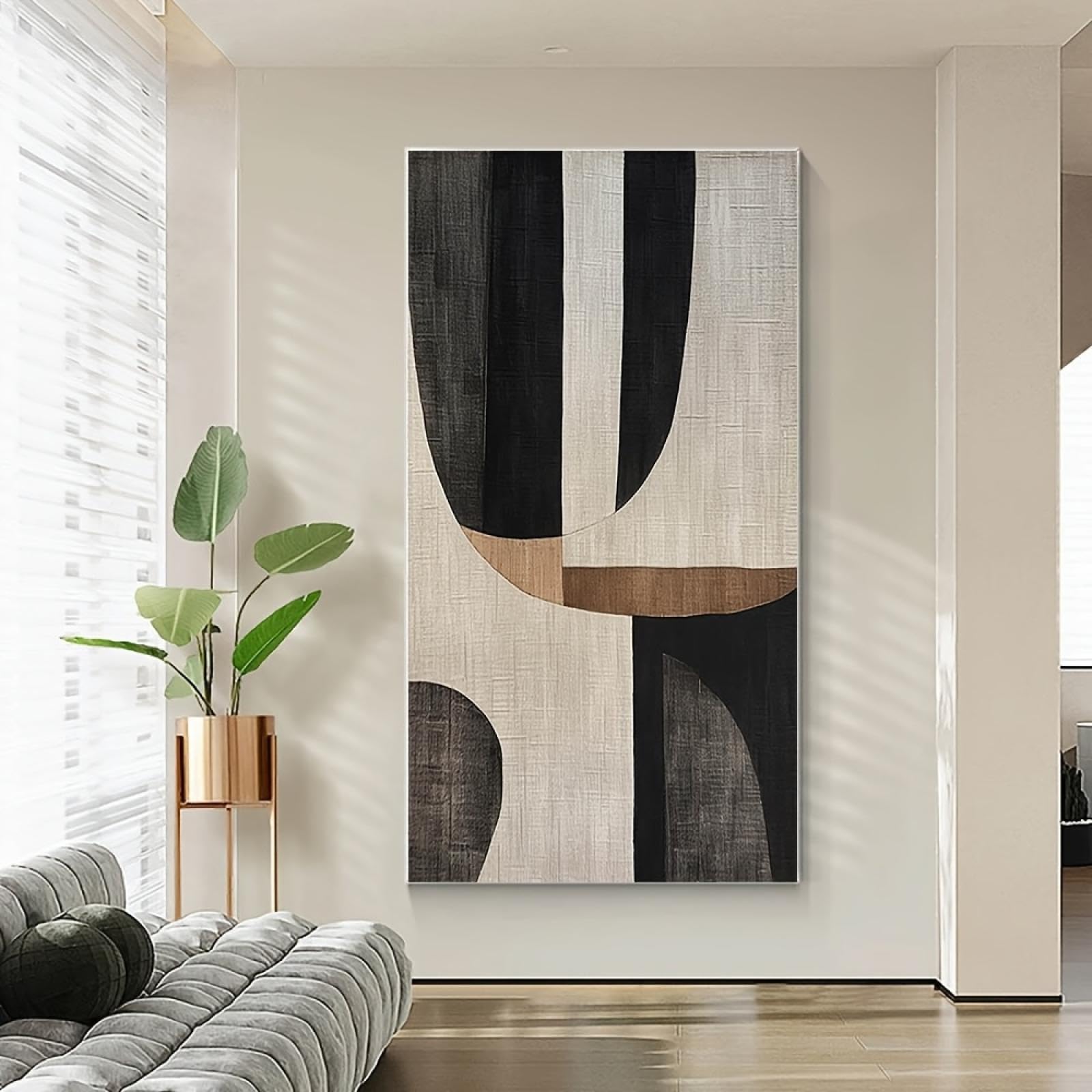 Lienzo abstracto para pared, pintura al óleo texturizada en negro, gris y marrón, impresión artística, imágenes neutras para decoración de sala de estar, 80 x 160 cm (31 x 63 pulgadas), sin marco