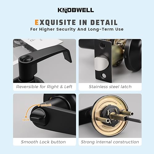 Miniatura 6 de KNOBWELL Paquete de 4 manijas de puerta comerciales negras, juego de manijas de puerta de dormitorio, manija de puerta con cerradura, reversibles