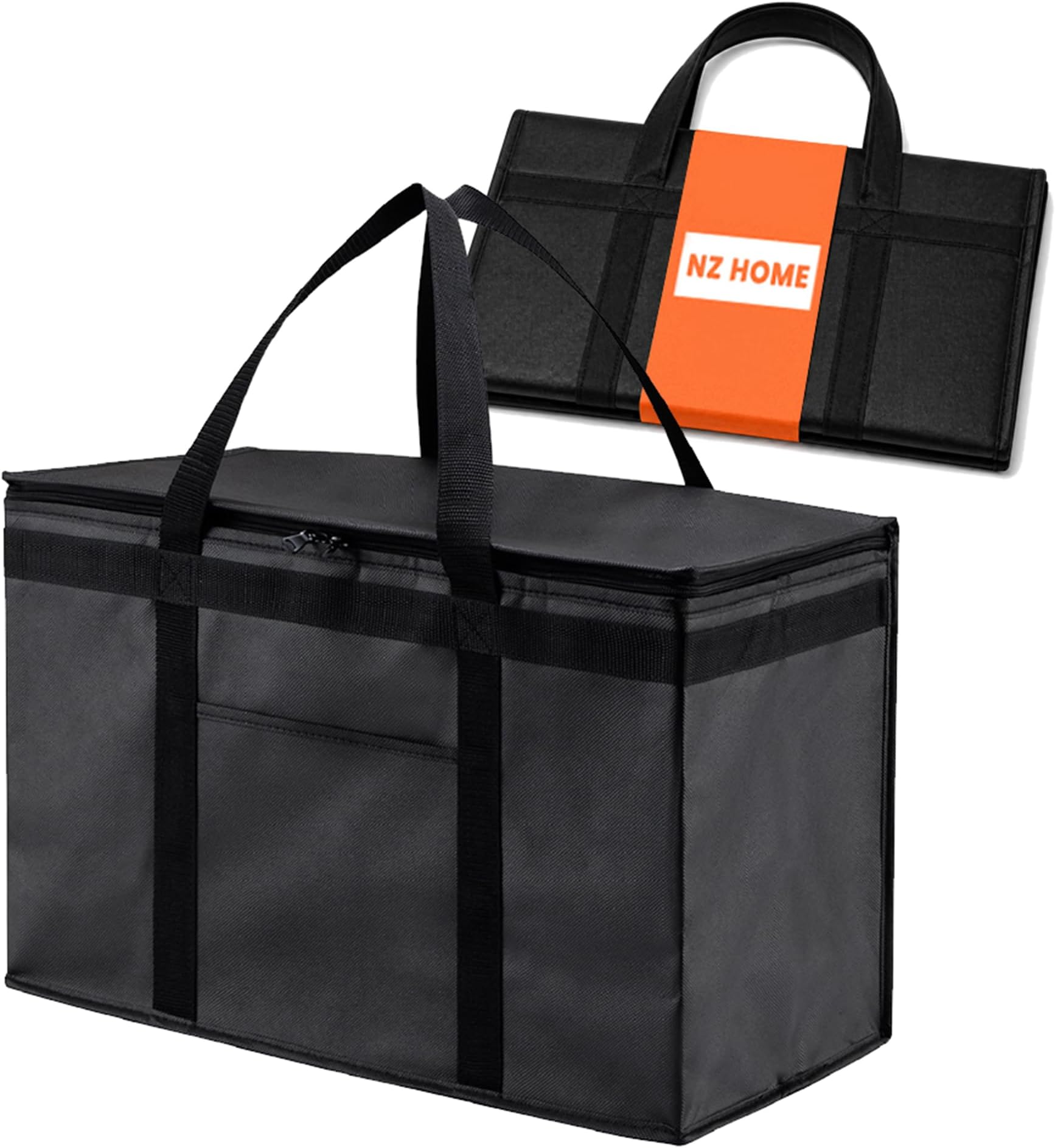 NZ Home 2XL Insulated Grocery Bag, Sturdy Zipper, Collapsible, Heavy Duty, Stands Upright, Jumbo Size Tote, Ideal for Large Grocery Shopping, Food Delivery, Catering Bag (XXL Premium Black, 1)