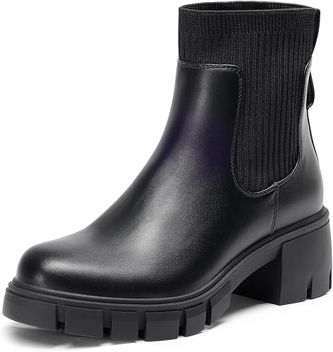 Miniatura 1 de DREAM PAIRS Botines elásticos Chelsea para mujer, con suela de lengüeta de moda, tacón grueso, sin cordones, para otoño, botas cortas