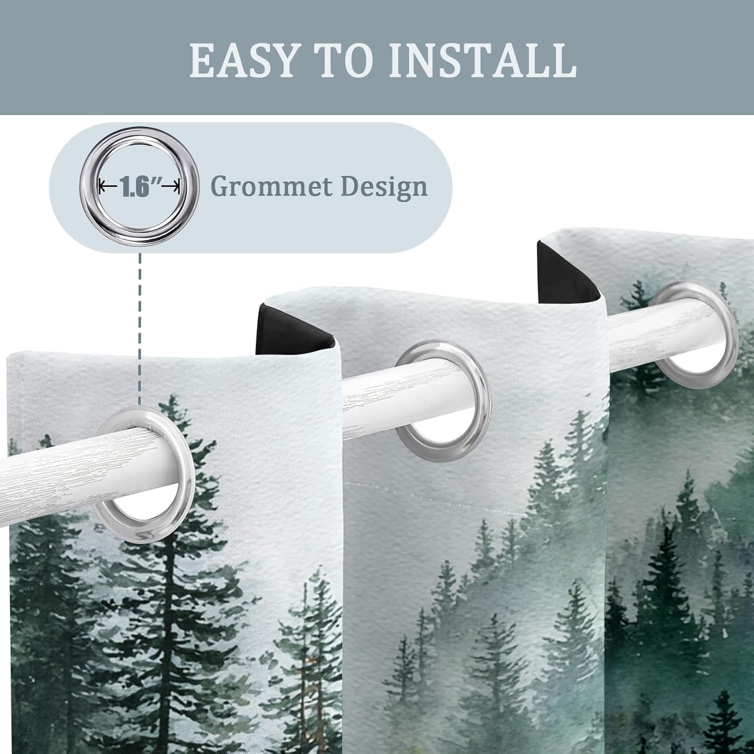 Misty Forest Bedroom Curtains 54 Inch - Green Pine Tree Nature Landscape Printed Living Room Curtains, Misty Forest Home Decor Blackout Window Drapes with Grommet, 2 Panels Set - HL9500