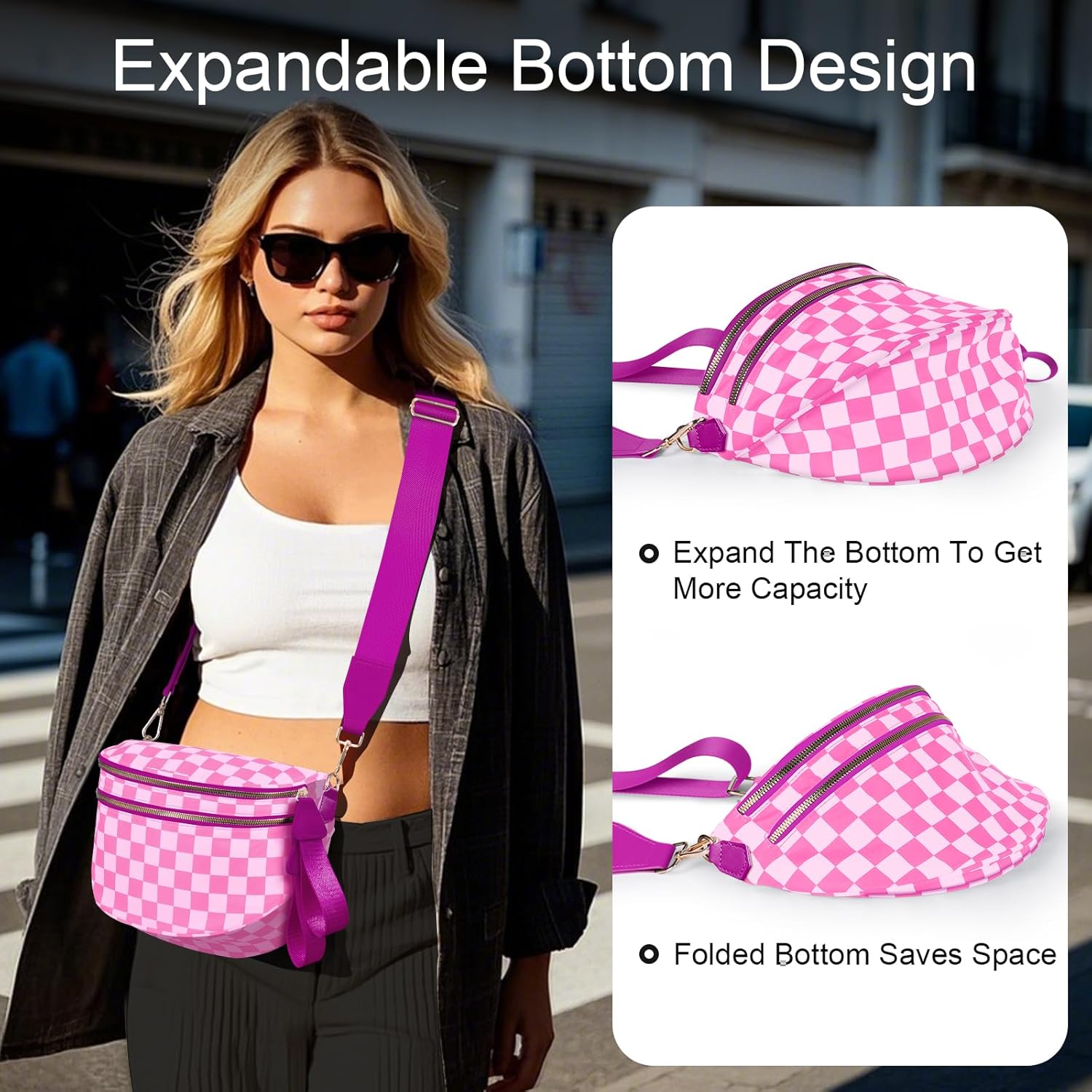 Bum Bags for Women Checkered Crossbody Bag Large Nylon Belt Purse Fanny Packs, Bonus with a Extra Strap - Image 3