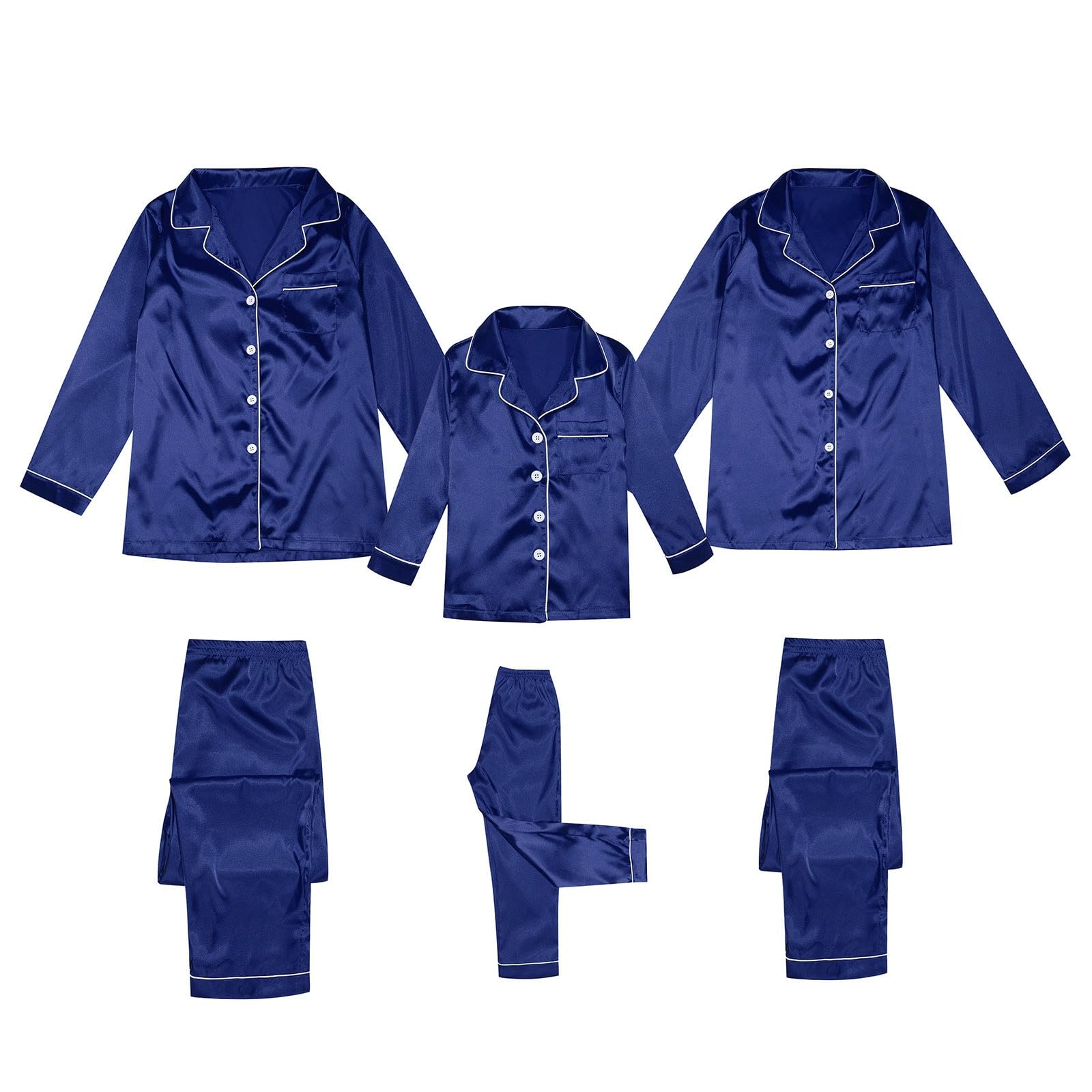 Sunnyuk Weihnachtspyjama Familie Set Satin Schlafanzug Damen Herren Kinder Nachthemd mit Knopfleiste Weihnachts Pyjama Family Langarm Seide Nachtwäsche Zweiteiliger Hausanzug Lang Elegante Loungewear