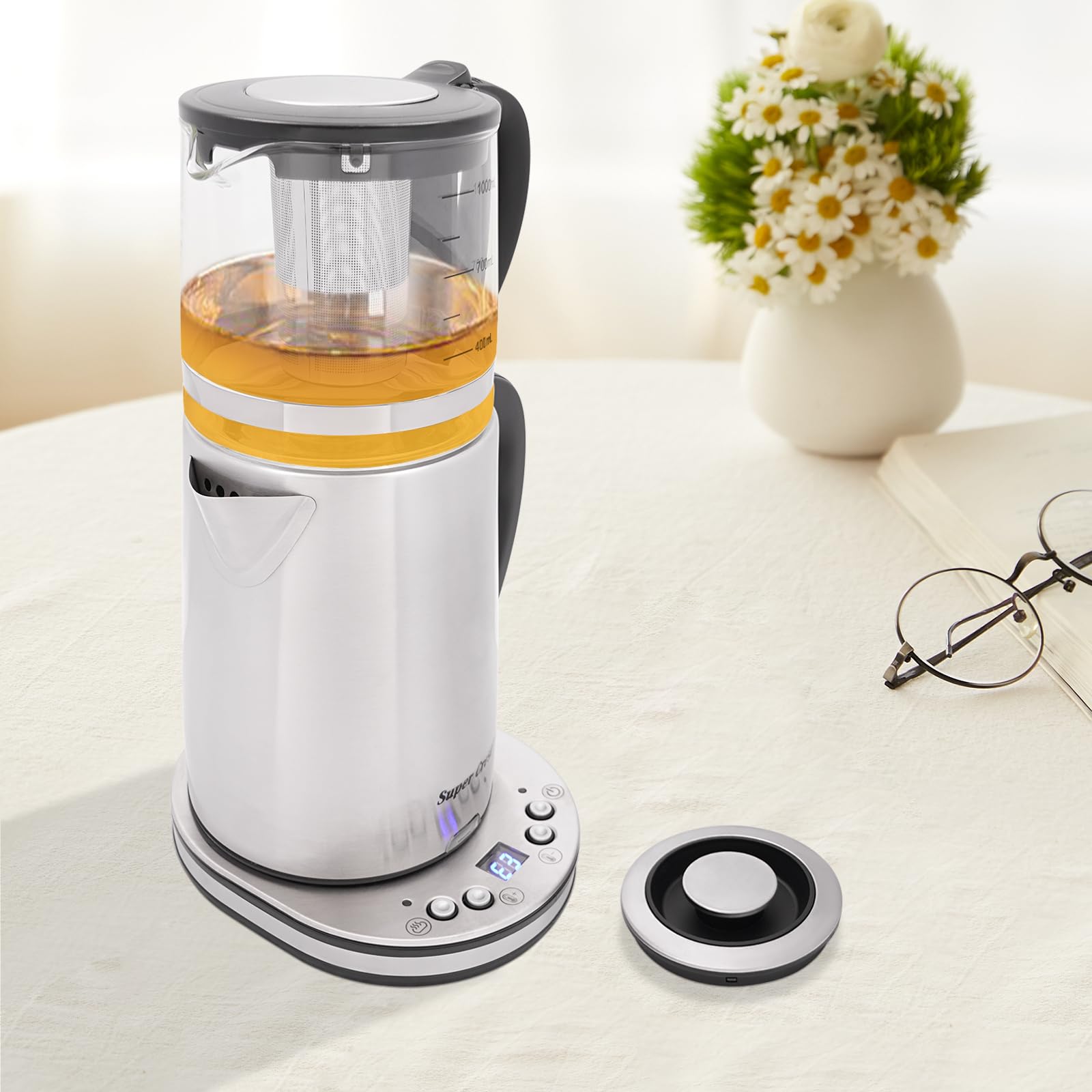 Bollitore elettrico in acciaio inox, 1500 W, vetro di sicurezza, 2,5 l, doppio bollitore con display LCD e regolazione della temperatura, pratico, 2 in 1, bollitore per la casa e l'ufficio