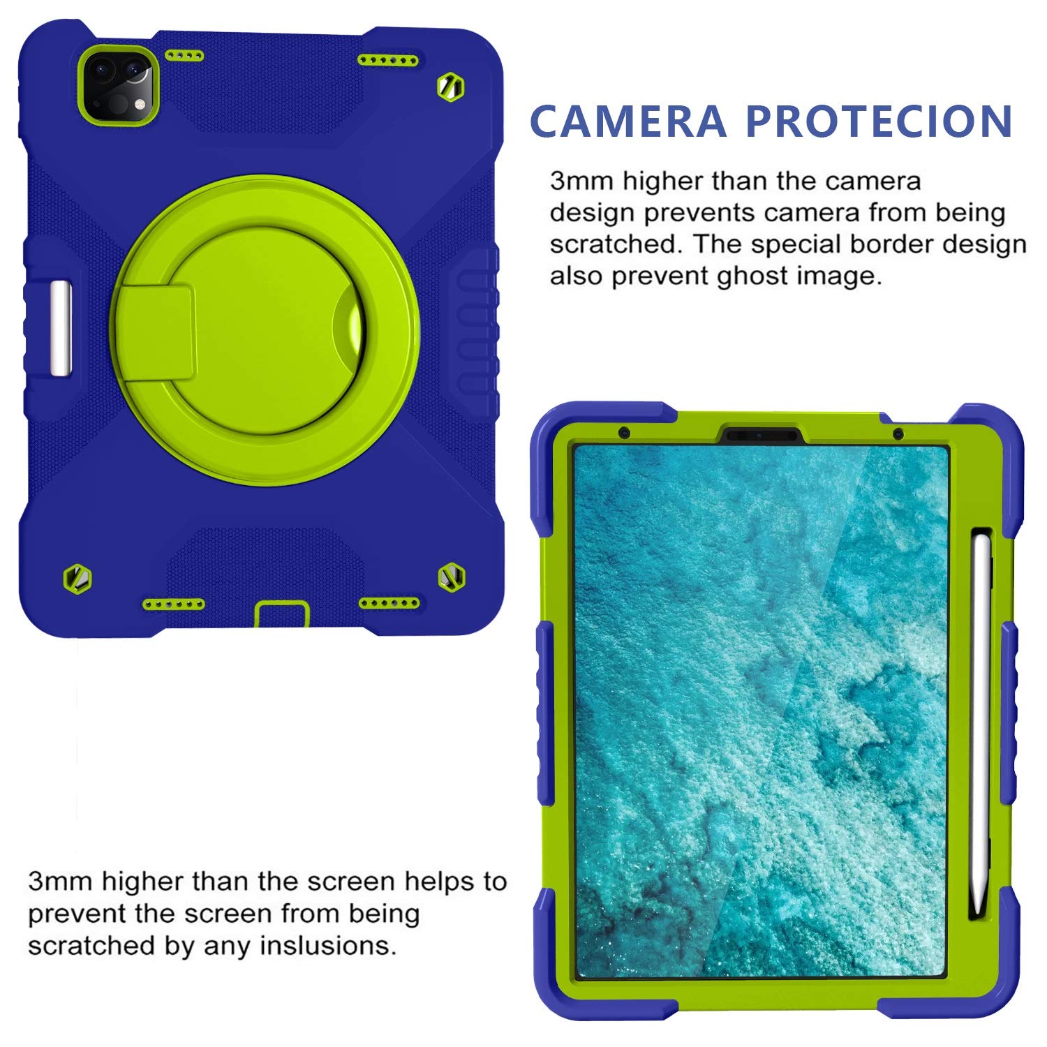 Tablette Coque For iPad 2020 AIR4 10.9 / PRO 11, Couvercle de protection antichoc adorable For enfants, avec support poignée pliante, kickstand rotation, bandoulière transportante(Navy blue+grass green)