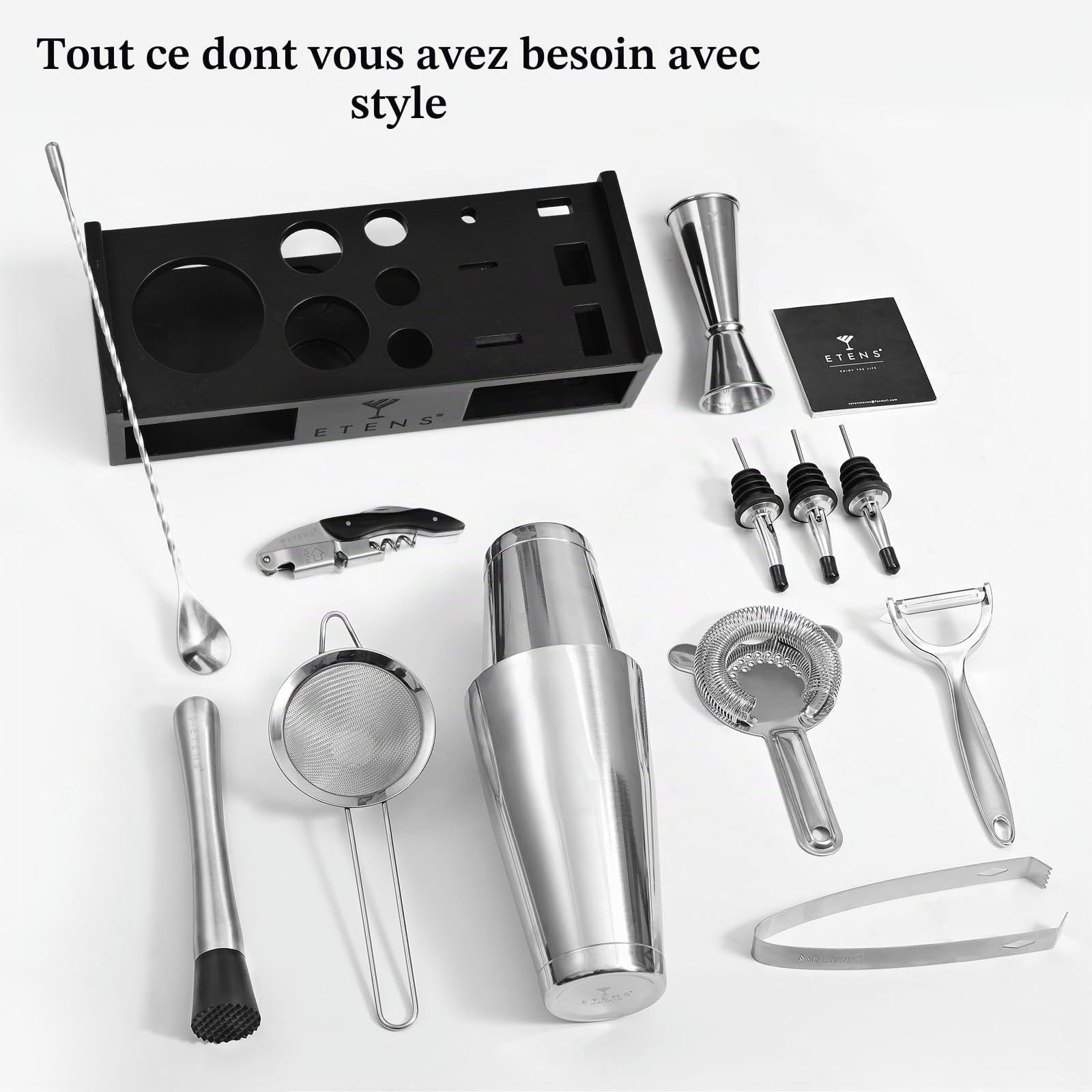 ETENS Ensemble Shaker à Cocktail - Accessoires de Bar - 15 pièces Mixology Barman Comprenant Un Shaker Boston, Un doseur Japonais, Une passoire, Un décapsuleur, Une cuillère à mélanger à Cocktail