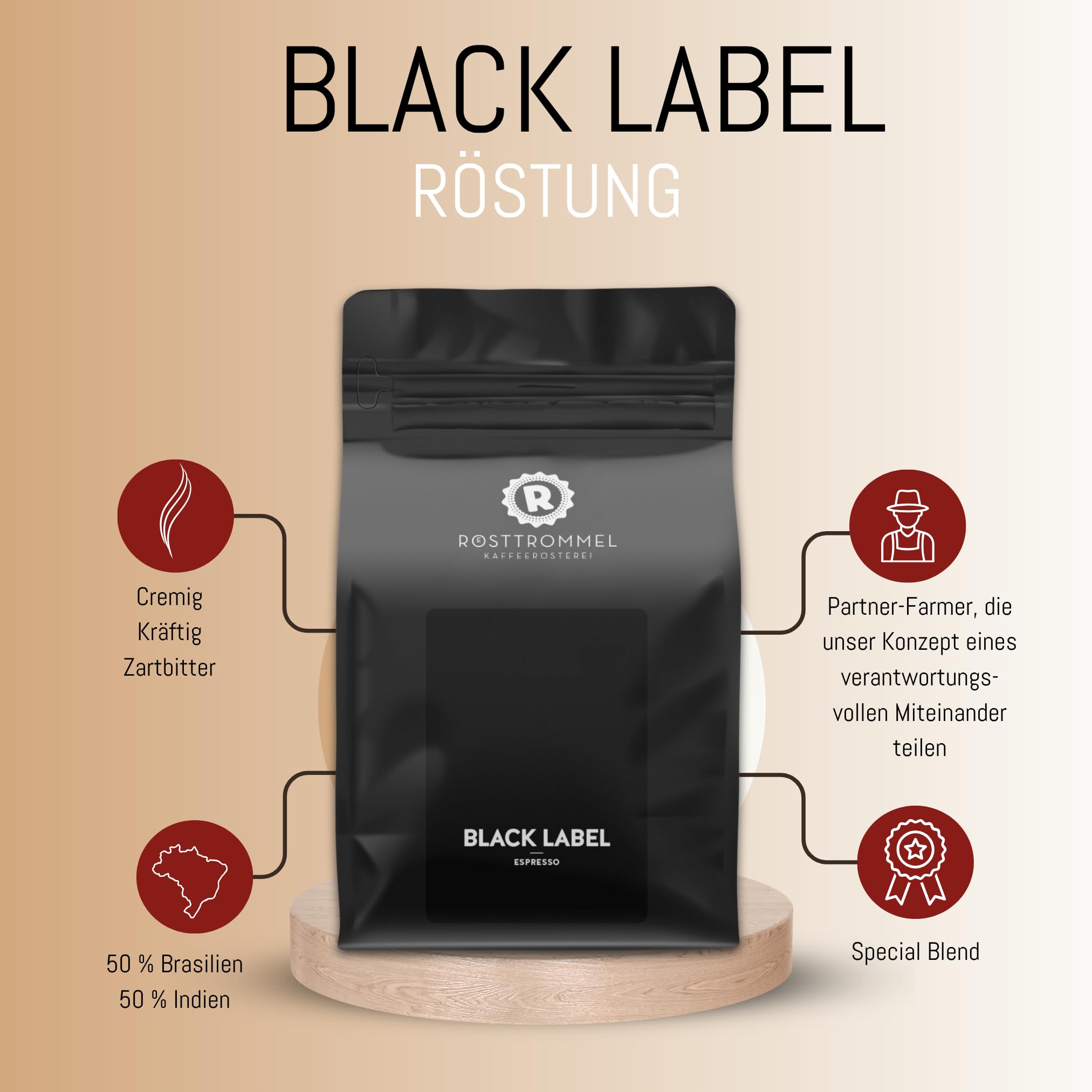 RÖSTTROMMEL Black Label Espresso · Special Blend · ganze Bohne · 3 kg | Röstgrad 8,5/10 · Special-Blend-Espresso · cremig, kräftig & zartbitter · 50% Arabica, 50% Canephora