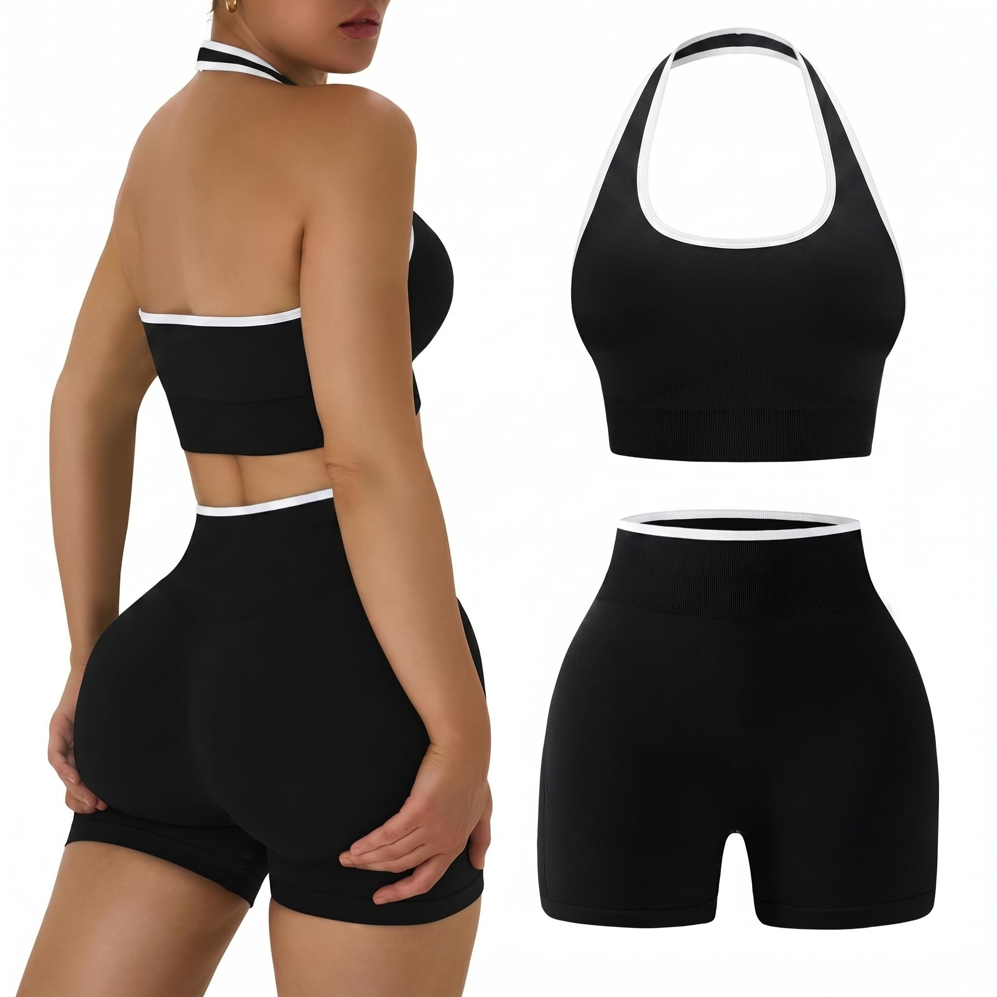 Womens Workout Sets 2 Piece Halter Sports Bra Scrunch Butt Shorts