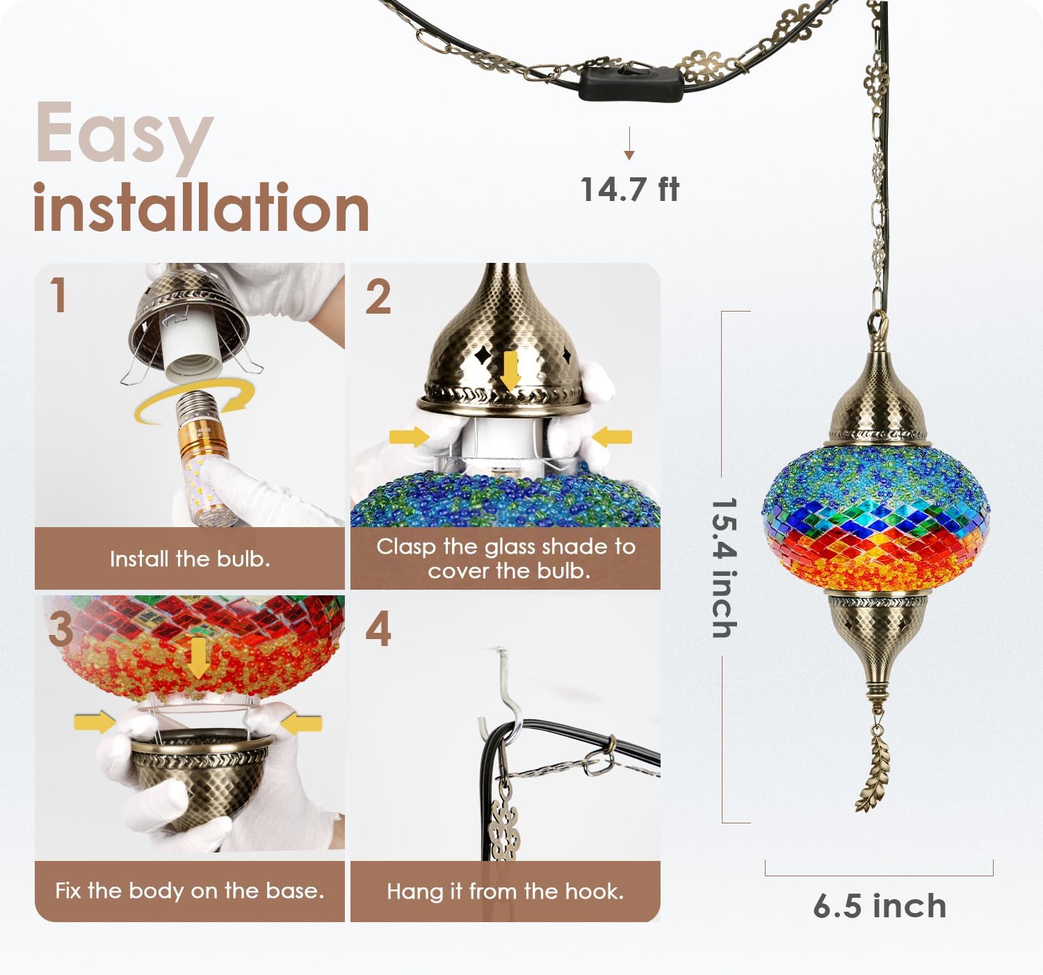 Yarra-Decor Turkish Moroccan Pendant Hanging Light with 15-Foot Cord - Exquisite Tiffany Style Mosaic Ceiling Lamp for Bedroom, Living Room(Multicolor2)