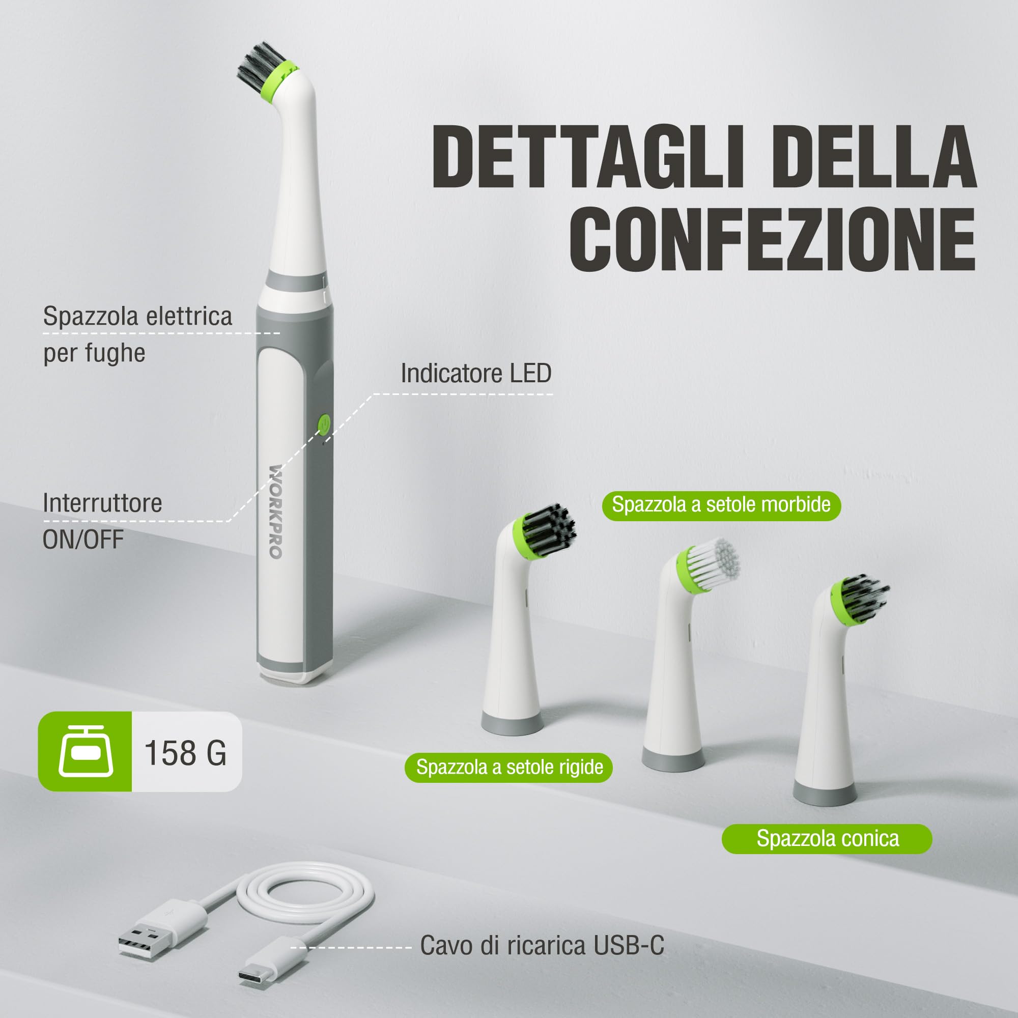 WORKPRO Spazzola Elettrica per la Pulizia per la Casa, 5500RPM, Imppermeabile IPX6 con Cavo di Rica USB-C e Testine Intercambiabili per la Pulizia di Piastrelle,Lavandini e Fughe