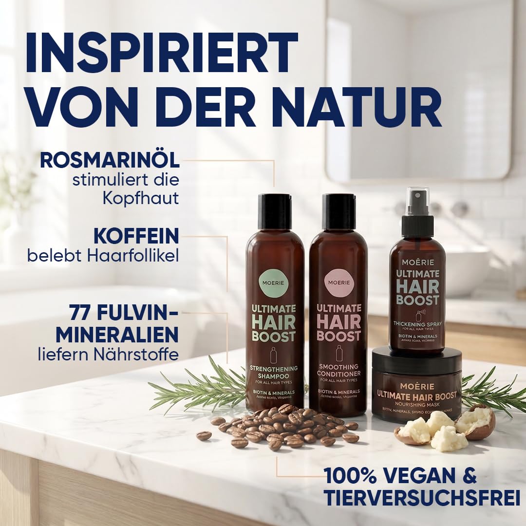 MOERIE Shampoo Set - gegen Haarausfall, Conditioner, Haarwachstum Serum & Haarmaske - natürlich Haarwachstum beschleunigen - Veganes Haarwuchsmittel Frauen & Männer - 77 Mineralien (4er-Set)
