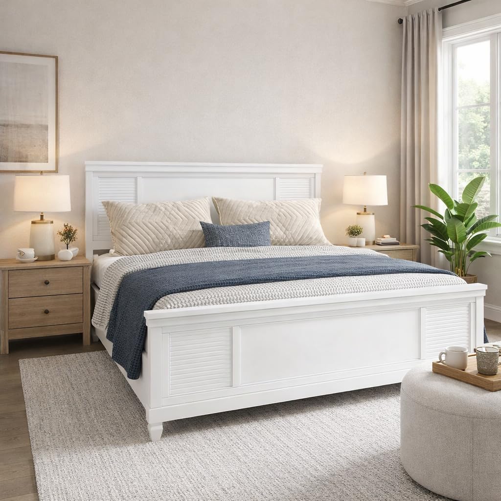 Christopher Knight Home Todie Modern King Size Bed Frame with Headboard, Wooden King Size Platform Bed Frame, Farmhouse King Size Bed Set, No Box Spring Needed, Easy Assembly, White