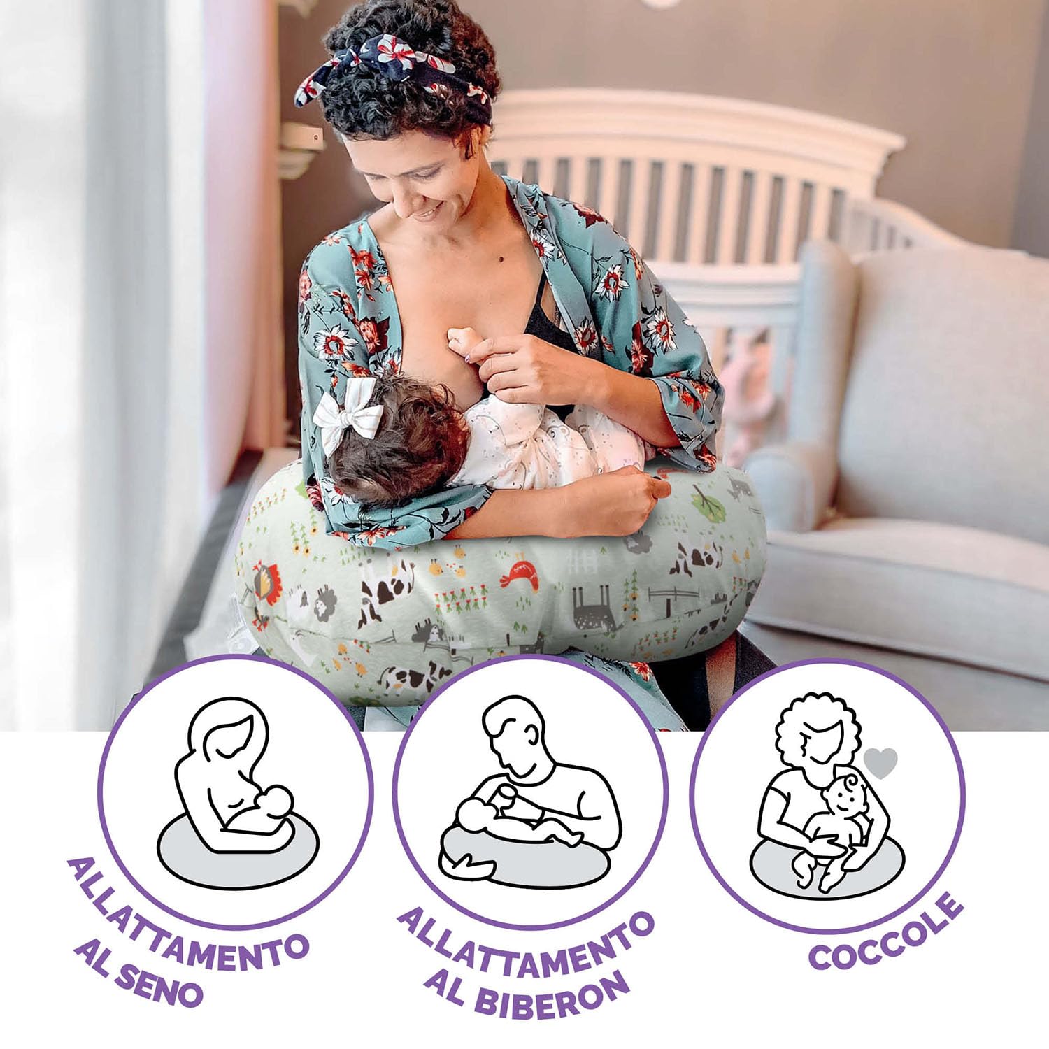Boppy Cuscino Allattamento per Neonati 0+ Mesi, Forma Ergonomica con Supporto per Mamma e Bambino, Supporto Neonato per Allattamento al Seno e col Biberon, Lavabile in Lavatrice, Fantasia Little Farm