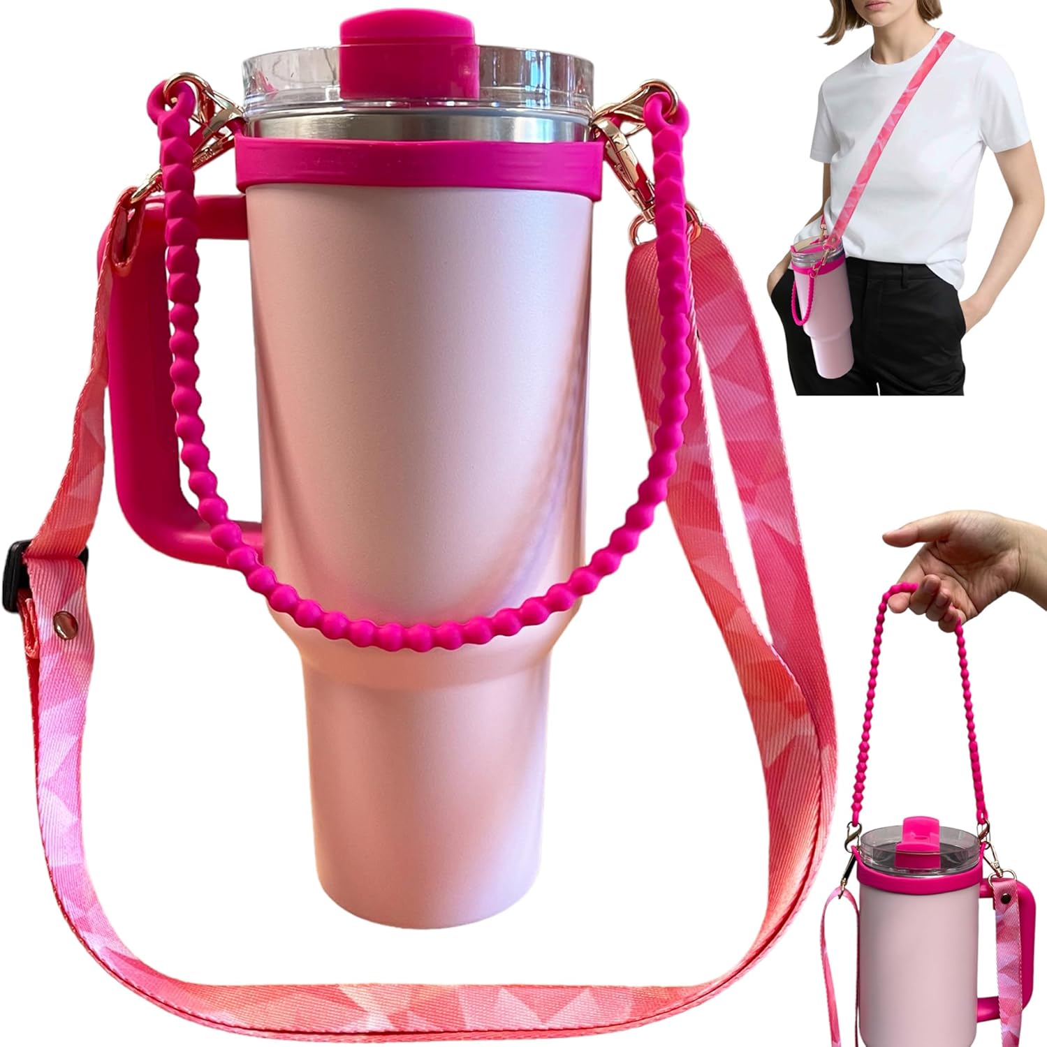 Water Bottle Tumbler Stanley Cup Strap and Handle Carrying Accessories Pink Prism Strap with Pink Silicone Handle – fits Universal 8 – 30/40 oz Bottle Sizes