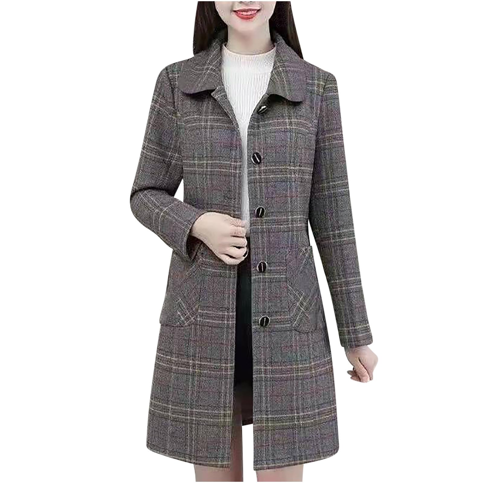 Womens Trench Coats Plaid Single Breasted Coat Lapel Pea Coat Plus Size Wool Blend Coats Casual Work Jackets