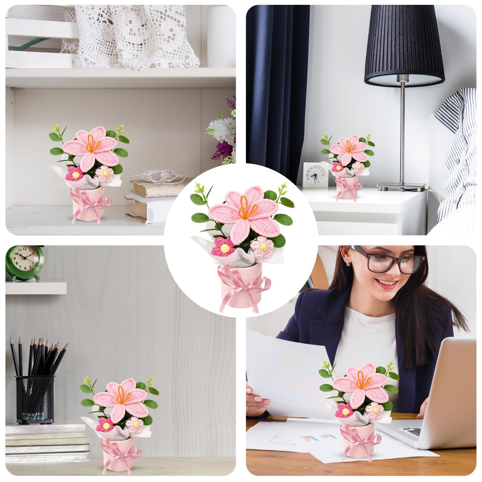 Fleur Crochet Tulipe Rose Bouquet Décoration Intérieur Cadeau Anniversaire Mariage