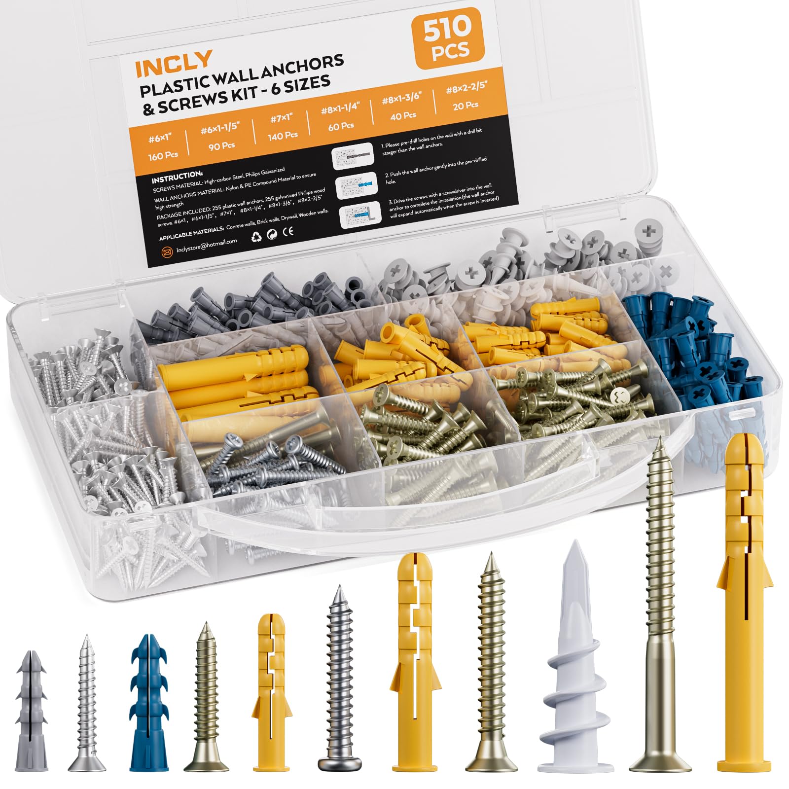 INCLY 510 Pcs Wall Plugs and Screws Set, 255 Plastic Wall Anchors Bolts and 255 Self Tapping Metal Screws