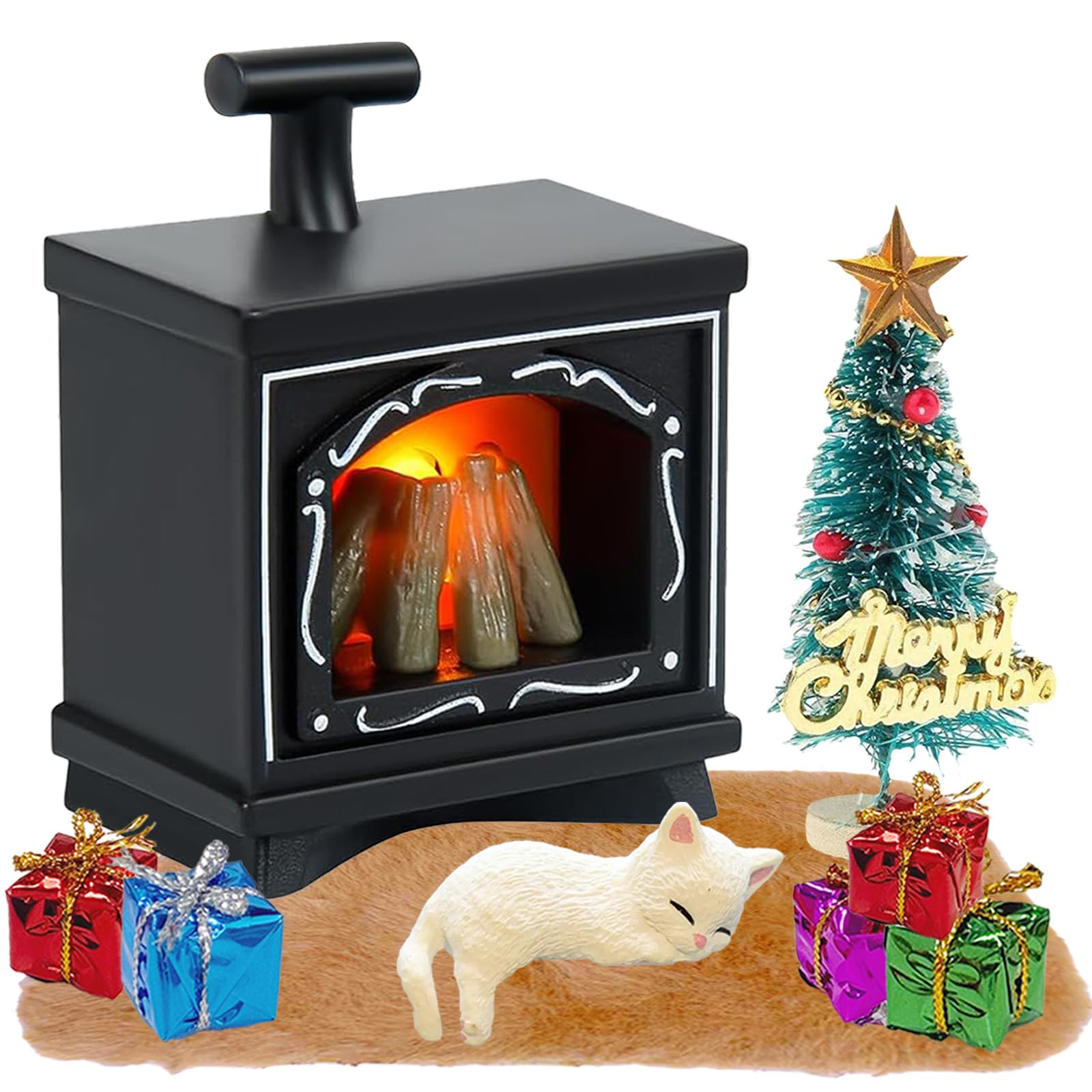 Miniatur-Wichtel Kamin Mit LED-Flamme & Katze – Puppenhaus Winter-Set Für Weihnachtskrippe