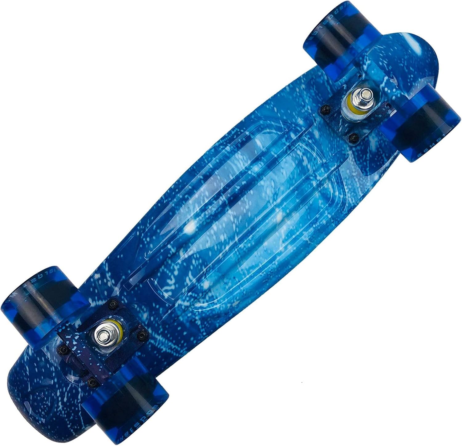 Side view of SiMbae Skateboard showing wheels and trucks
